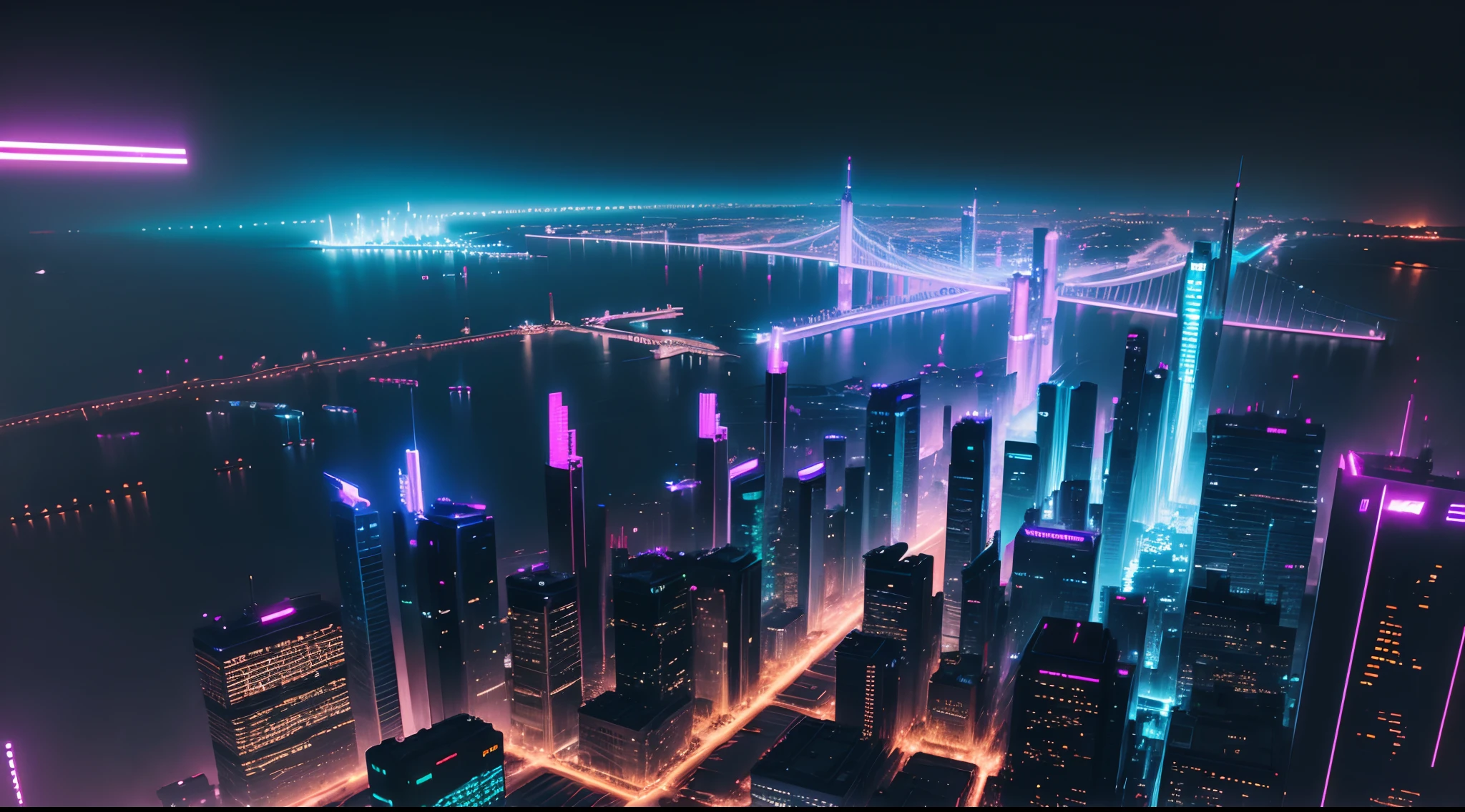 Cyberpunk, top view, city, bridge, neon lights, night city