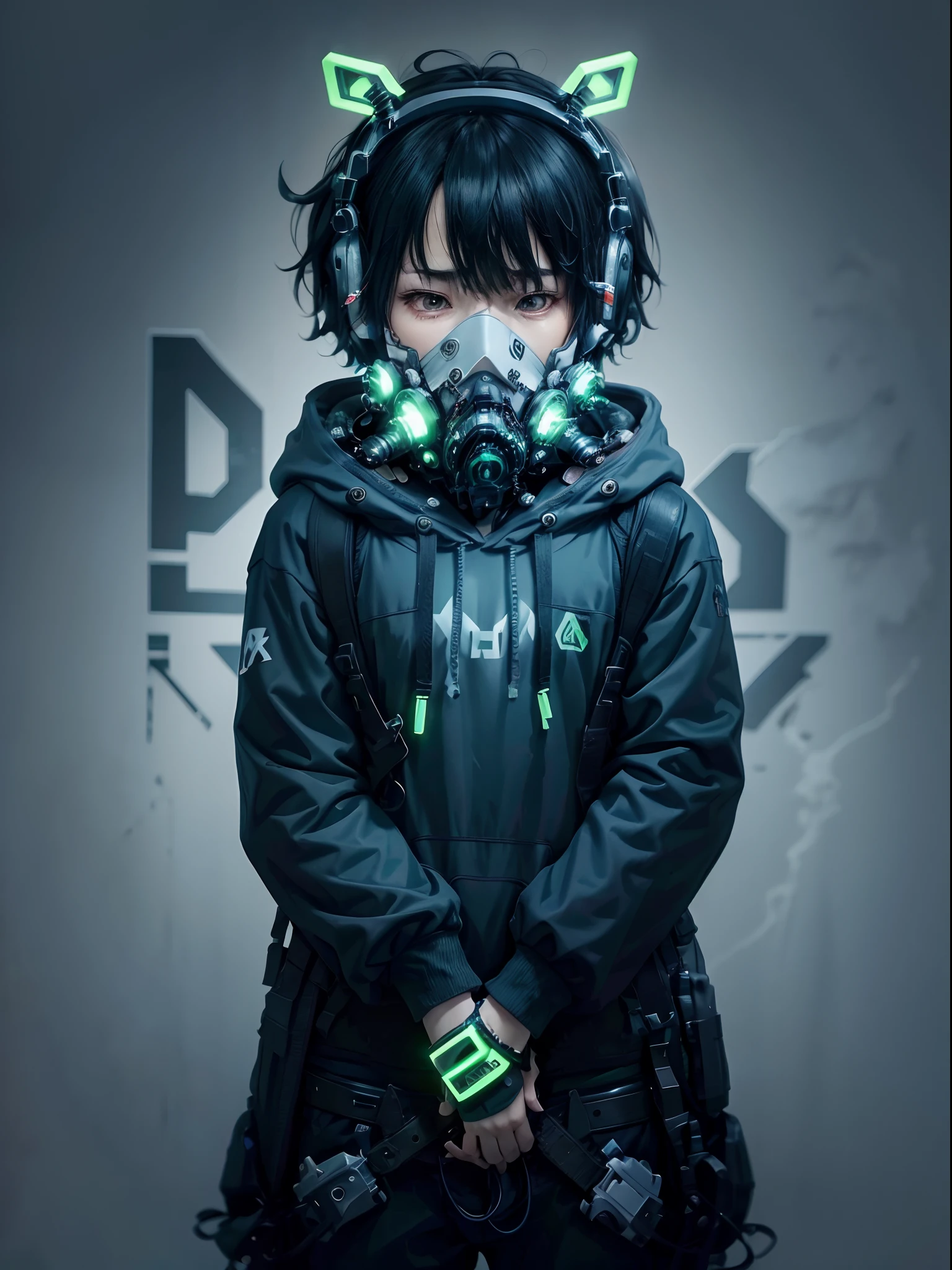 1 man, hoodie, black, mask, neon lights, blue and green led