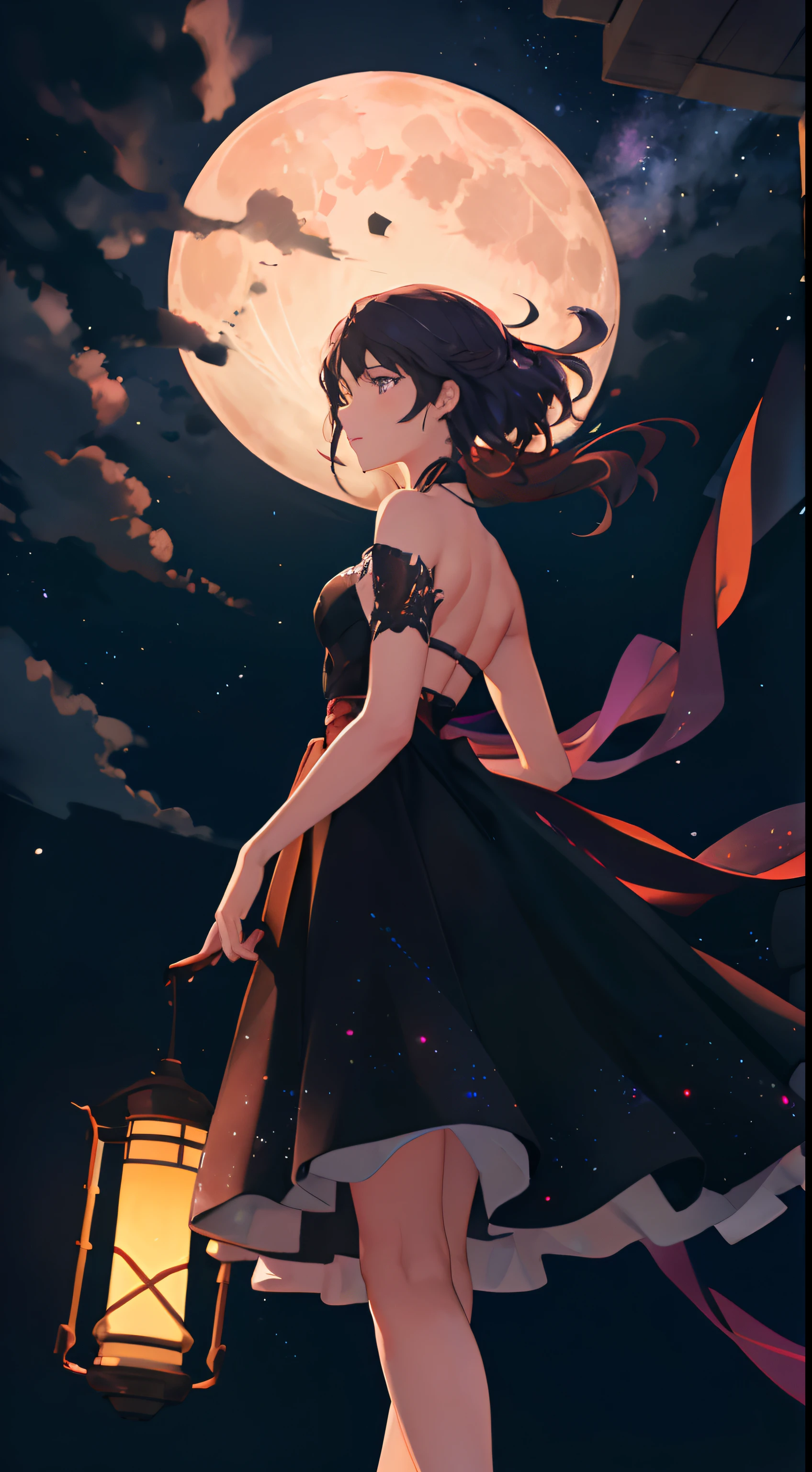 Vast landscape photos, (from below, the sky above, open fields below), a girl standing on a flower field looking up, (Full Moon: 1.2), (Meteor: 0.9), (Nebula: 1.3), Distant Mountains, Trees BREAK Making Art, (Warm Light Source: 1.2), (Firefly: 1.2), Lights, Lots of Purple and Orange, Intricate Details, Volume Lighting BREAK (Masterpiece: 1.2), (Best Quality), 4K, Ultra Detailed, (Dynamic Composition: 1.4), Detailed, Colorful, (Iridescent: 1.2), (Glow, Atmospheric Lighting), Dreamy, Magical, (Solo: 1.2), Lantern Back,