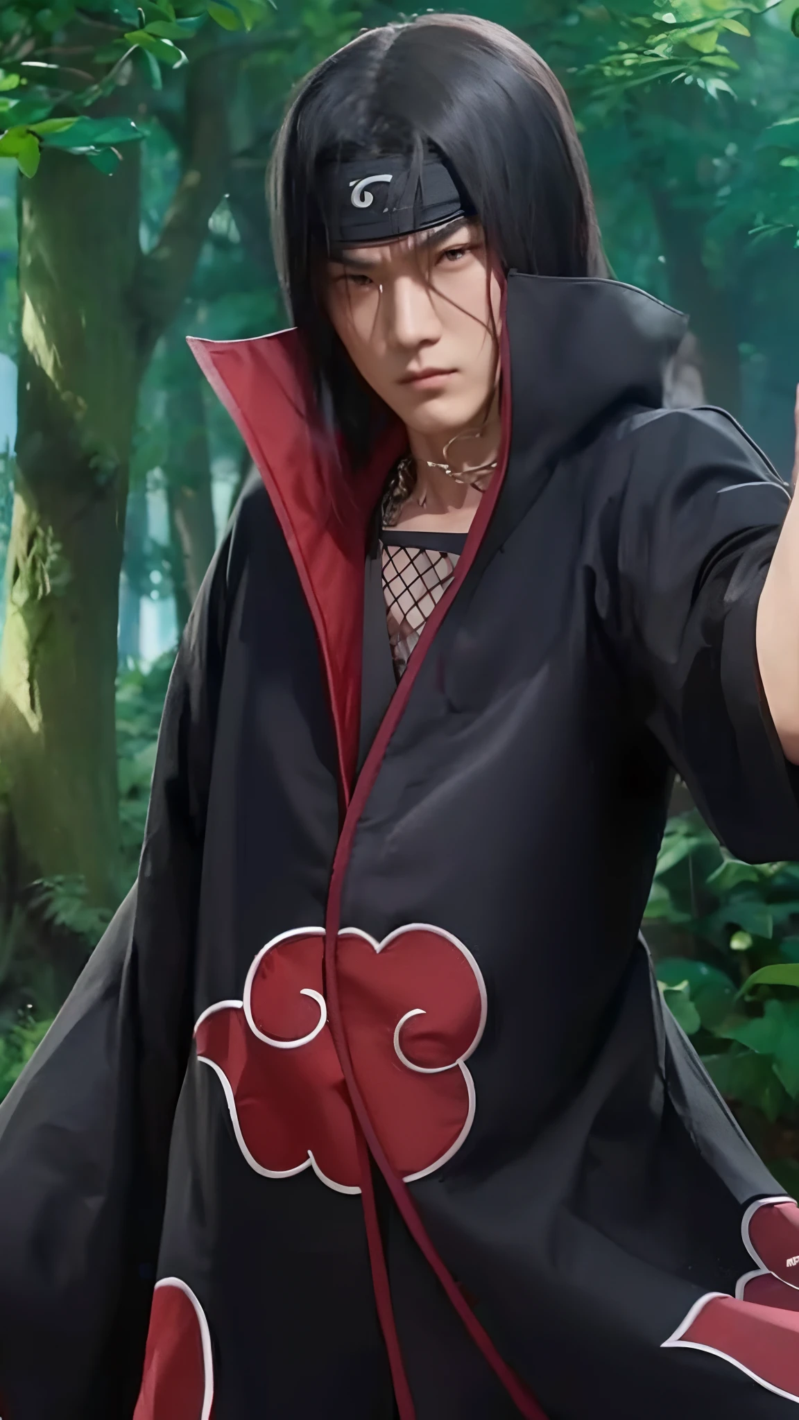 Real life adaption of this character, korean handsome man face, angry expression,((realistic very same hair)), ((realistic same outfit with Akatsuki logo)) , wear realistic headband with iron plate in the middle,hyper realistic, realistic light, realistic shadow, realism,(photorealistic:1.2), looking to viewer ,