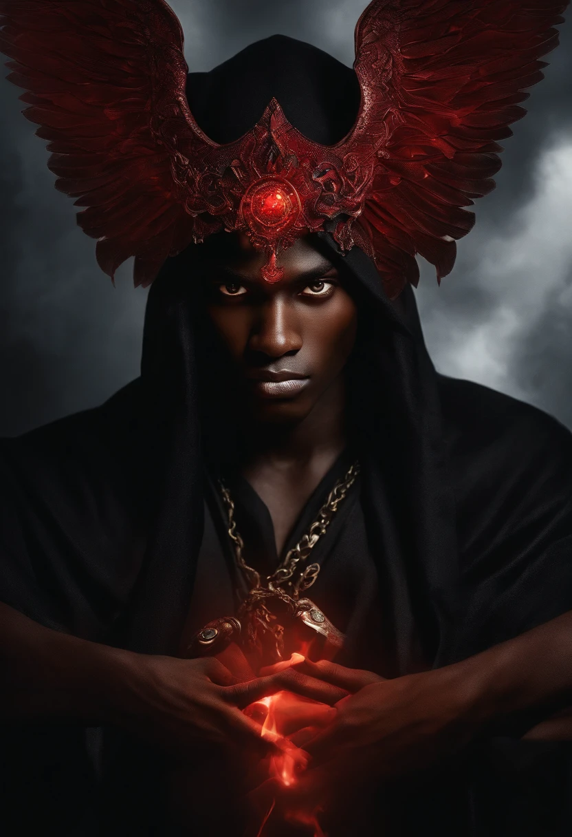 color photo of a black boy, 19 years old, with red eyes, exuding a mesmerizing red power. His skin is a captivating blend of tan and black, adding an ethereal touch to his presence. Clad in a striking black cloth, he stands in a fantasy kingdom, surrounded by a dark power that emanates from within him. His eyes glow with the intensity of his red eyes power, while dark black energy radiates from his body, intertwining with his every movement. In a fierce battle, he fearlessly confronts a multitude of devils and demons, showcasing his unwavering strength and determination. —c 10 —ar 2:3