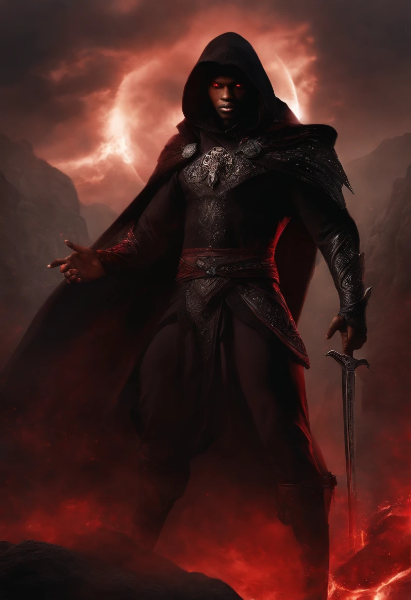 color photo of a black boy, 19 years old, with red eyes, exuding a mesmerizing red power. His skin is a captivating blend of tan and black, adding an ethereal touch to his presence. Clad in a striking black cloth, he stands in a fantasy kingdom, surrounded by a dark power that emanates from within him. His eyes glow with the intensity of his red eyes power, while dark black energy radiates from his body, intertwining with his every movement. In a fierce battle, he fearlessly confronts a multitude of devils and demons, showcasing his unwavering strength and determination. —c 10 —ar 2:3
