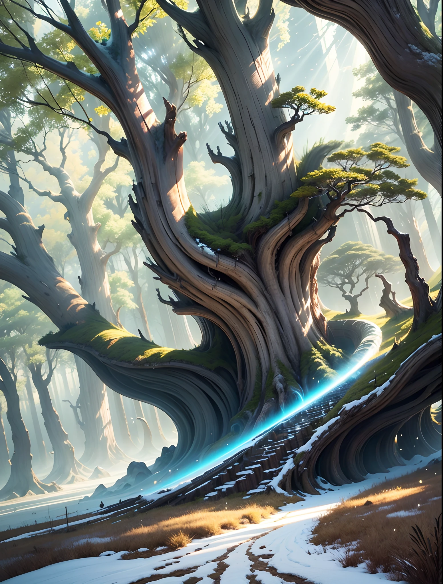 The Tree of Life,Ethereal,In the white world,A tree that emits golden light,fair,Visual contrast,llight rays,Ethereal beam,Religious,awesome,Fantastical,miraculously huge breasts,Volumetric lighting,Epic map,Theatrical lighting,Golden ratio,Movie Chart,8k,rendering by octane --auto --s2