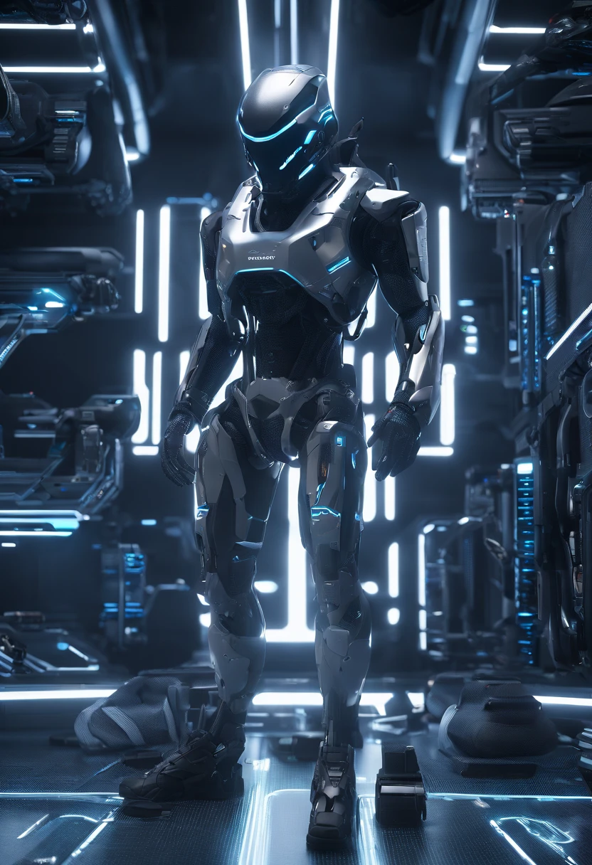 hyper realistic Complex 3d rendering super detailed group of androids constructing themselves, each working on the next in line, hydraulic tanks are connected with a neon liquid, monitors on wall, wide shot, ((Realistic skin)), neon details, Mechanical parts, Neon Hydraulic fluid, intricate details, mesh lines, facial muscles, cables, ,microchips, ultra-detailed, octane rendering, volumetric lighting, 8k postproduction,