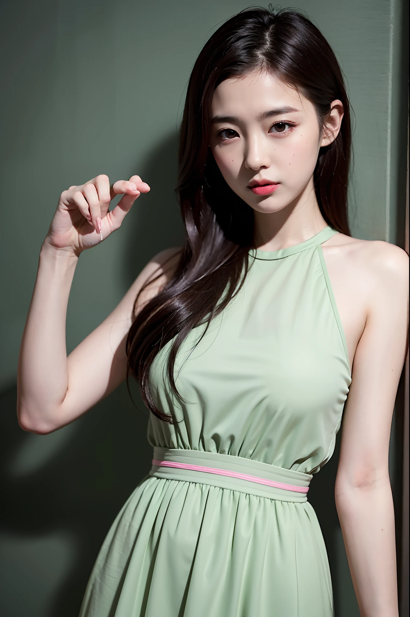21yo girl, dress, green background