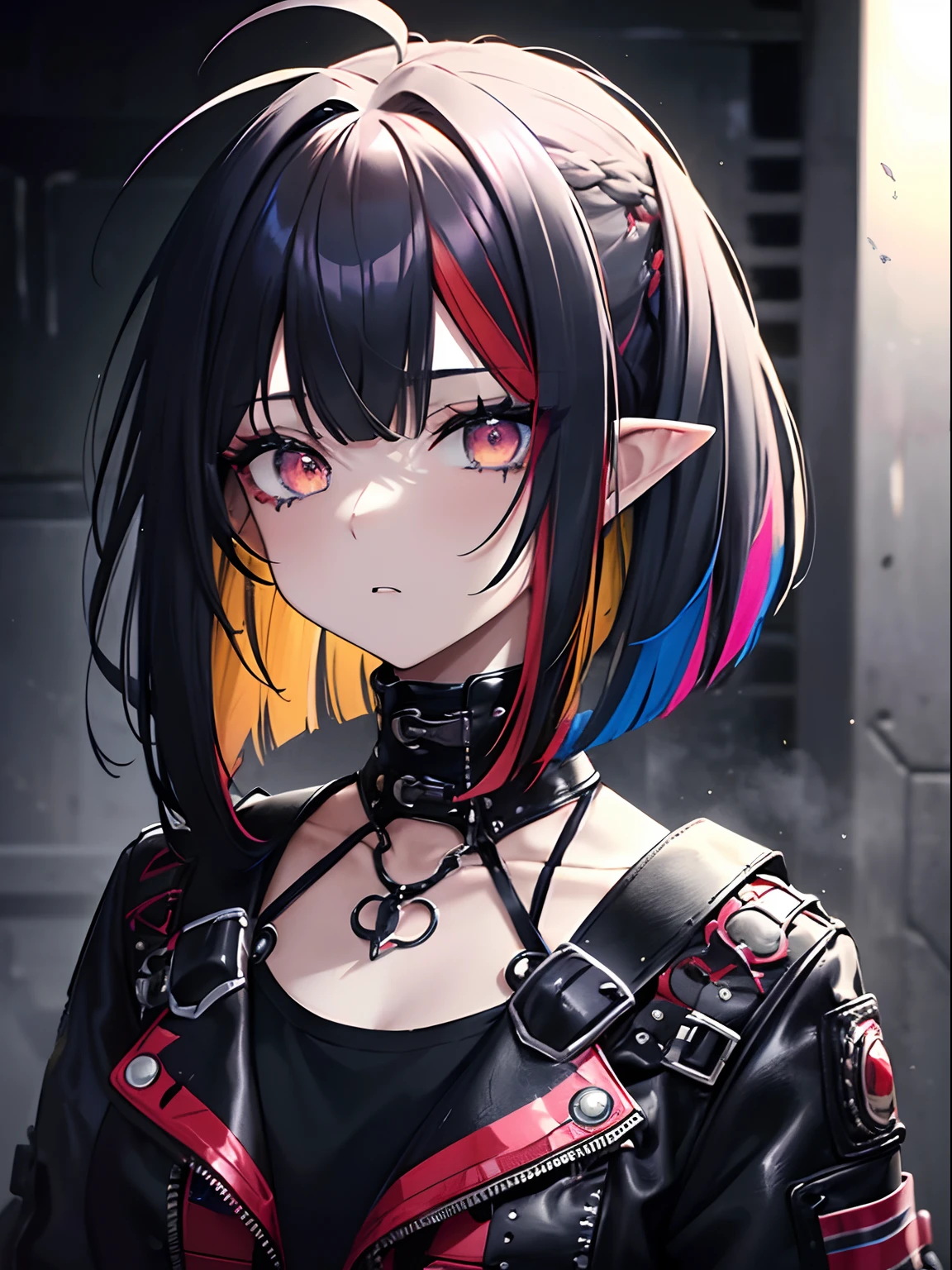 (masterpiece,best quality,ultra-detailed),1girl,messy hairstyle,mane,thick hair,long bob cut, multicolored hair,blue and red and yellow hair,aesthetic hairstyle,pointy ears,beautiful and detailed face, detailed eyes,rock punk fashion,night,fog,looking at viewer,small chest,((grey theme)),((rock punk theme)),