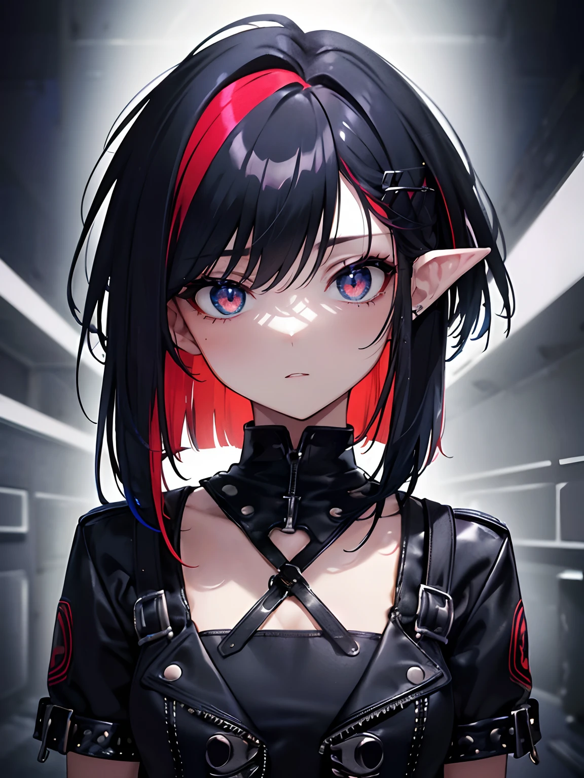 (masterpiece,best quality,ultra-detailed),1girl,messy hairstyle,mane,thick hair,long bob cut, multicolored hair,blue and red and yellow hair,aesthetic hairstyle,pointy ears,beautiful and detailed face, detailed eyes,rock punk fashion,night,fog,looking at viewer,small chest,((grey theme)),((rock punk theme)),