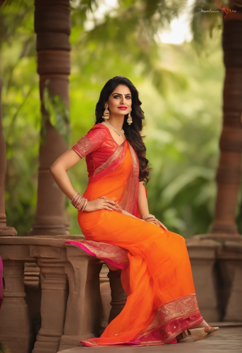 woman in a bright dress sitting on a stool, actress, very attractive and beautiful, neon colored dress, brightly coloured, stuning, * colour splash *, wonderful scene, beautiful, holywood actress, 40 years old women, breathtaking look, wearing orange saree, beautiful look, indian super model,