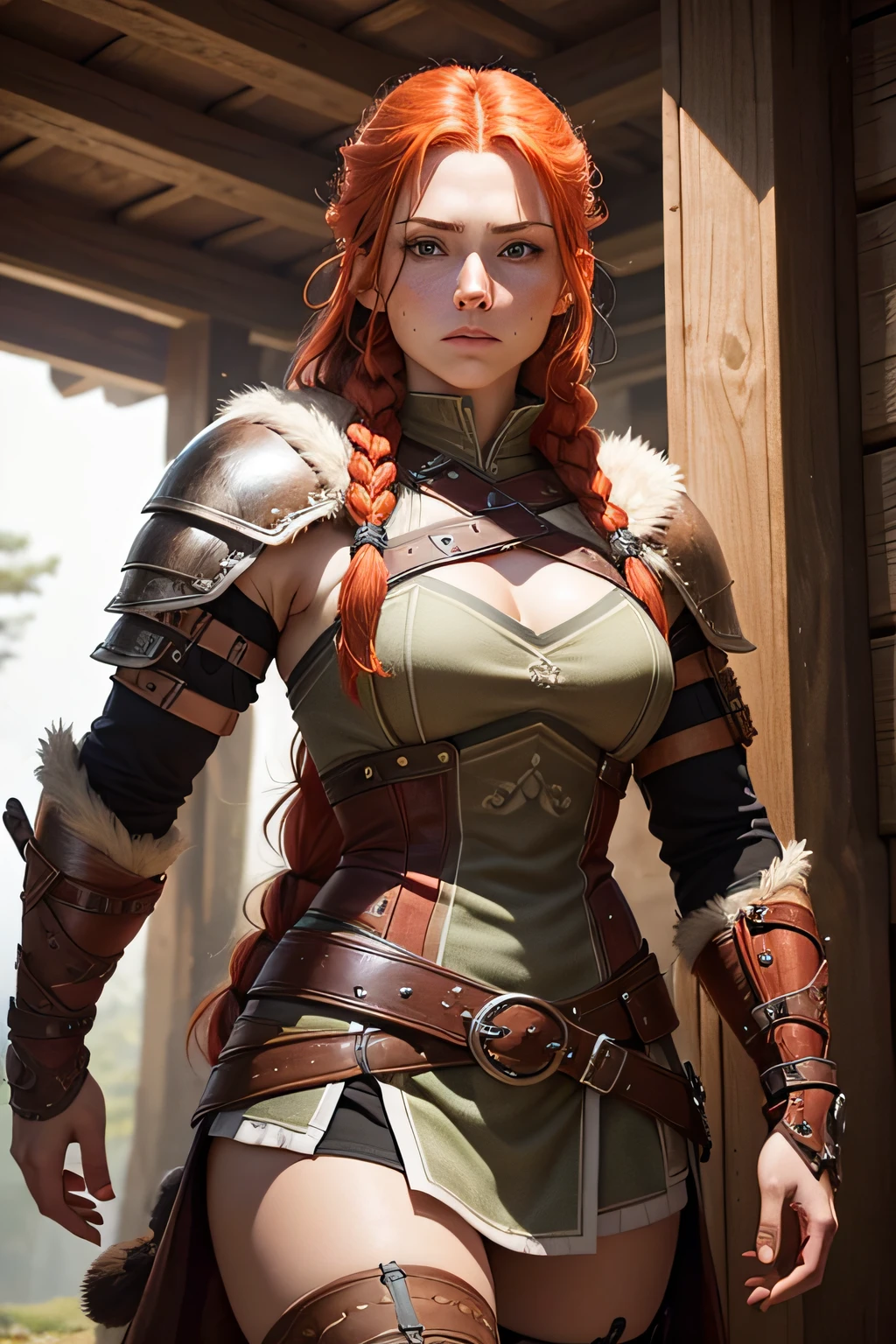 redhead female warrior, long hair tied in single braid, freckles on the face, mix of nordic and celtic themes, armed with longsword and round wooden shield, wearing medium leather armor with fur linings and celtic and nordic knots, realistic style, very detailed, highest quality