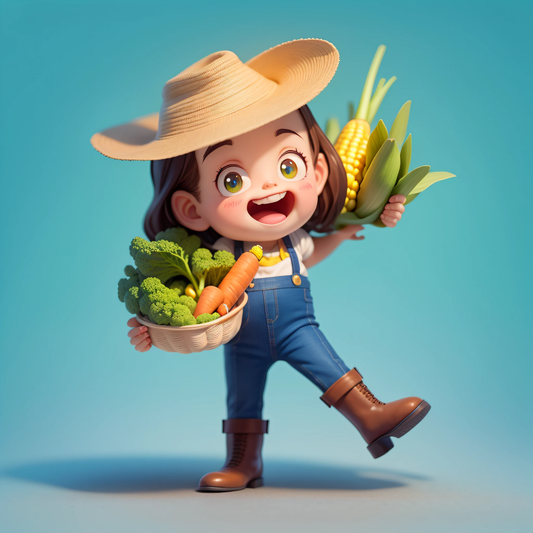 This photo is a cartoon drawing of a farmer holding a basket of vegetables and an ear of corn. The farmer is wearing a straw hat, blue six-pocket pants and brown shoes. The farmer's vegetable rescue basket contained a variety of vegetables, including carrots, tomatoes and bell peppers, clean background,