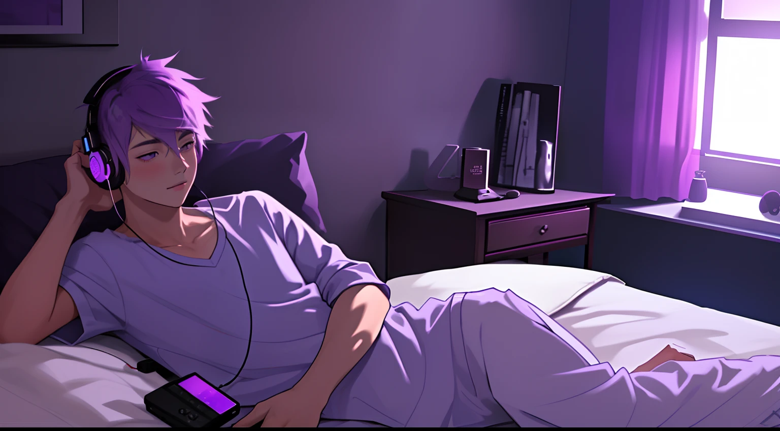 onbed,A young boy with,Listen to music with headphones on,Relaxing and comfortable atmosphere in a night bedroom setting,Purple vibe