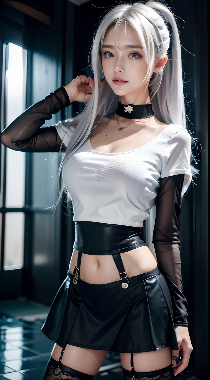 {{masutepiece}}, {{Best Quality}}, rainy day, Cityscape, in the cyberpunk city, Cityscape, Huge_filesize, wall-paper, girl, Medium Hair, White hair, Wavy Hair, hair-bun, hair pin, pink hairband, Beautiful detailed eyes,White Cut T-Shirt、Miniskirt,  {Transparent underwear}, Fishnet stockings, knee_long boots, Necklace, Black Choker , half gloves , fingerless_mitts, Sexy Standing Pose、 Skirt lift,