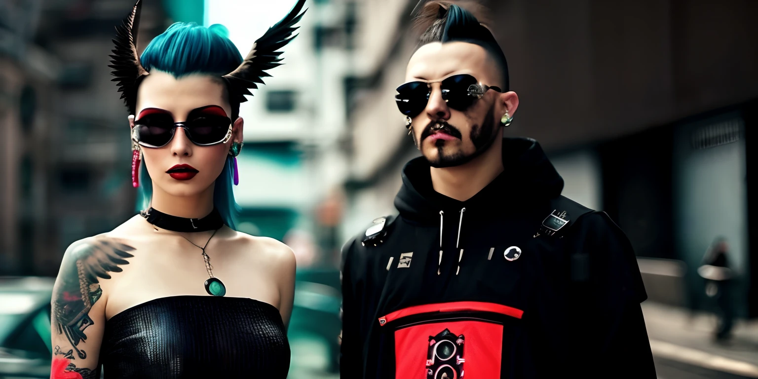 There are two people with tattoos and wings next to each other, medium shot of two characters, roupas cyberpunk, vestido com roupas crustpunk, em cyber punk 2077, usando streetwear cyberpunk, em cyberpunk city, in a cyberpunk setting, Cyberpunk vestindo, roupa estilo cyberpunk, roupas cyberpunk, roupa cyberpunk, no estilo cyberpunk, vermelho e ciano