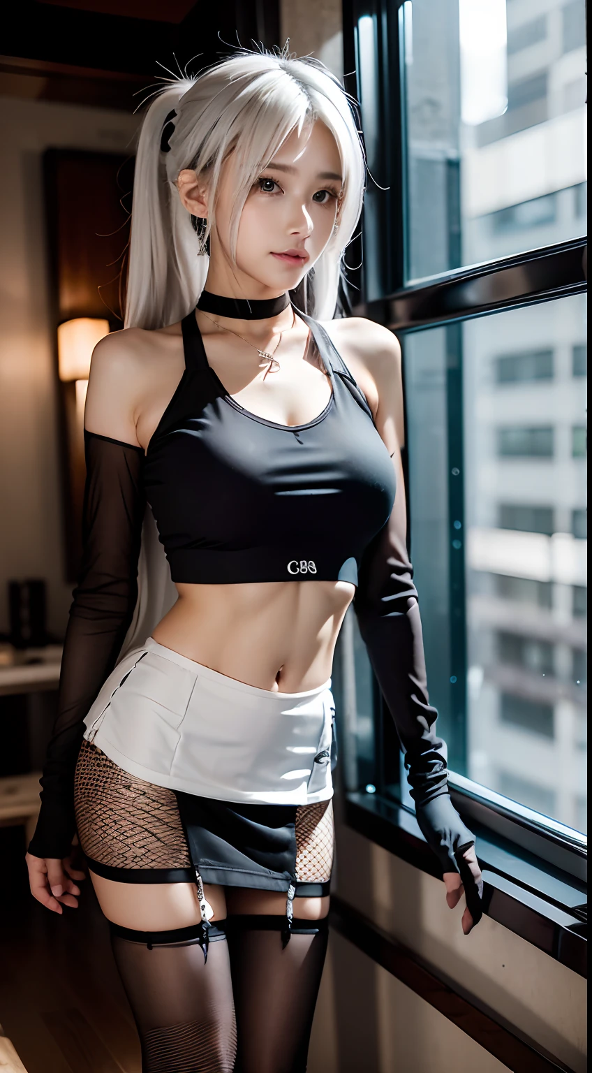 {{masutepiece}}, {{Best Quality}}, rainy day, Cityscape, in the cyberpunk city, Cityscape, Huge_filesize, wall-paper, girl, Medium Hair, White hair, Wavy Hair, hair-bun, hair pin, pink hairband, Beautiful detailed eyes,White Cut T-Shirt、Miniskirt, {Transparent underwear}, Fishnet stockings, knee_long boots, Necklace, Black Choker , half gloves , fingerless_mitts, Sexy Standing Pose、 Skirt lift,