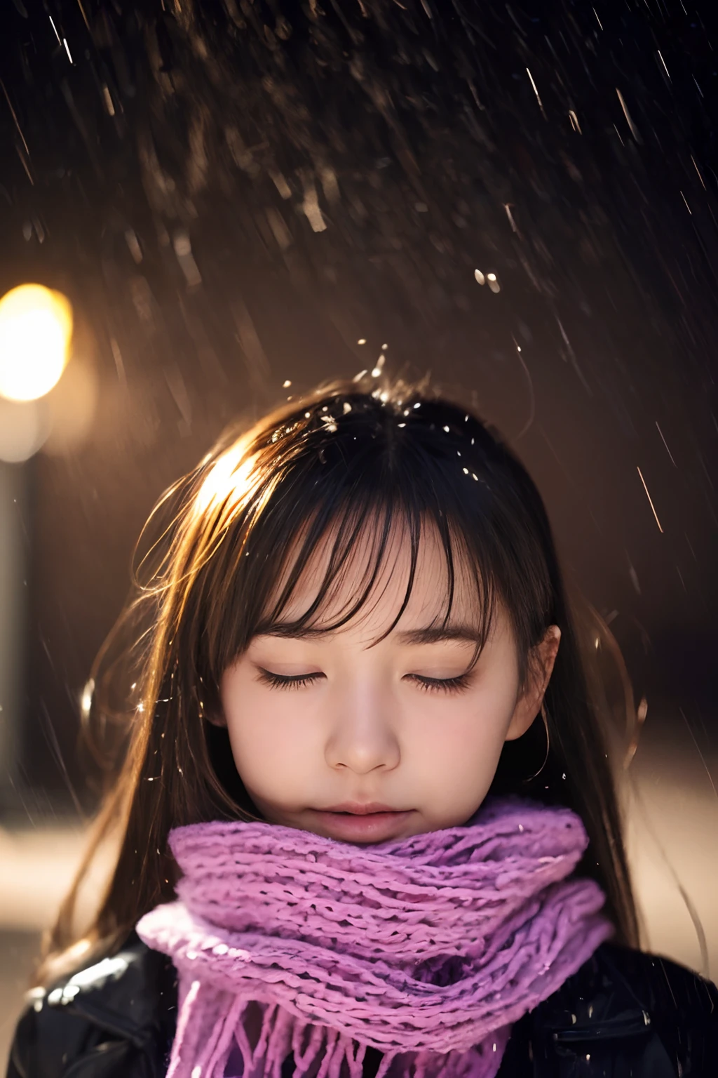 ((no-makeup、Close your eyes、closes mouth:1.2))、(realisitic、Photorealsitic、ultra-detailliert、Highest Details Skins、top-quality、masterpiece、超A high resolution)、Cute Japan Woman、17 age、hi-school girl、younggirl、1 girl in、I have bangs、二重まぶた、drooing eyes、Japanese style face、purity、double tooth、Realistic skin type、Thick muffler、Grey muffler、fluffy hair、((Hair is inside the scarf:1.3))、Red cheeks、The wind is blowing、It's snowing、natta、illuminations、Lighting from behind