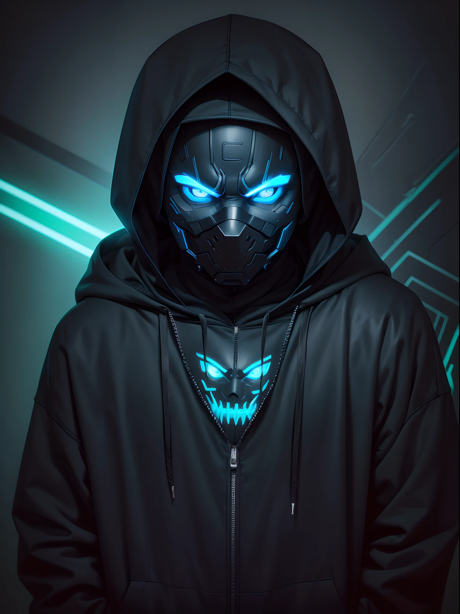 1 man, hoodie, black, oni mask, neon lights, blue and green led