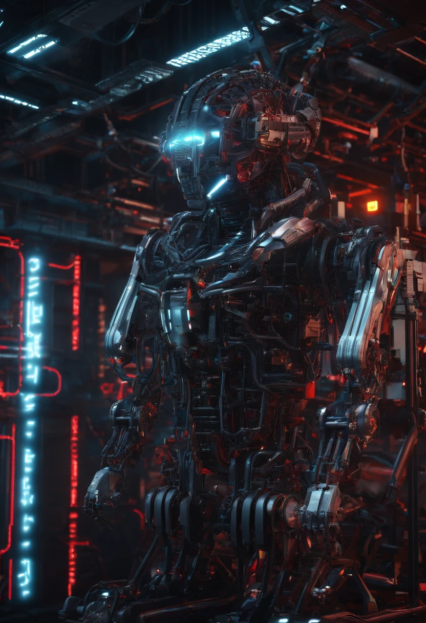 hyper realistic Complex 3d rendering super detailed group of androids constructing themselves, each working on the next in line, hydraulic tanks are connected with a neon liquid, monitors on wall, wide shot, ((Realistic skin)), neon details, Mechanical parts, Neon Hydraulic fluid, intricate details, mesh lines, facial muscles, cables, ,microchips, ultra-detailed, octane rendering, volumetric lighting, 8k postproduction,