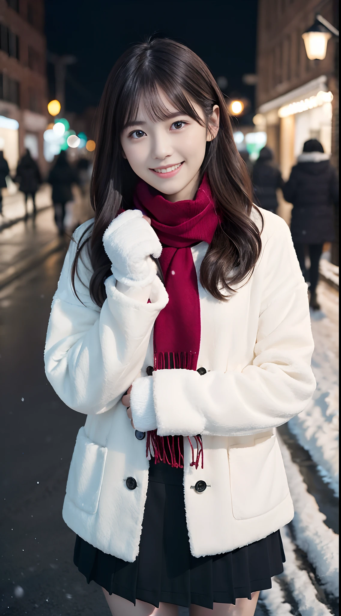 (A close-up of a girl is、with long hair in takes，The bangs are dull，Wear a winter uniform and scarf jacket:1.5)、(A girl with a shy smile、Gift box with gloves in hand:1.5)、(Snowy winter night street corners and Christmas lights:1.5)、(Perfect anatomy:1.3)、(No mask:1.3)、(Complete fingers:1.3)、Photorealistic、Photography、masutepiece、top-quality、high resolution, delicate and pretty、face perfect、Beautiful detailed eyes、Fair skin、Real human skin、pores、((Thin legs))、(Dark hair)