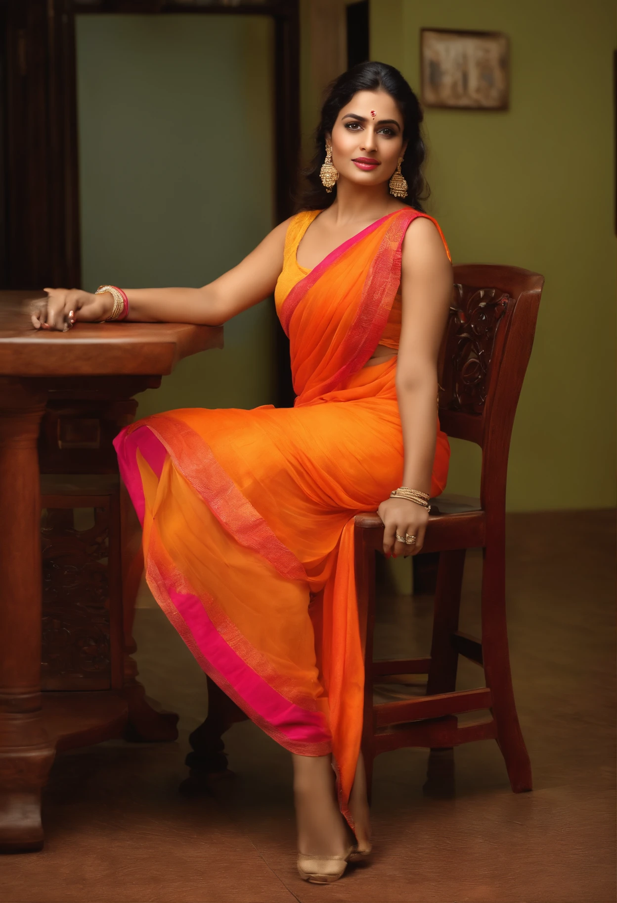 woman in a bright dress sitting on a stool, actress, very attractive and beautiful, neon colored dress, brightly coloured, stuning, * colour splash *, wonderful scene, beautiful, holywood actress, 40 years old women, breathtaking look, wearing orange saree with sleeveless blouse, beautiful look, indian super model,