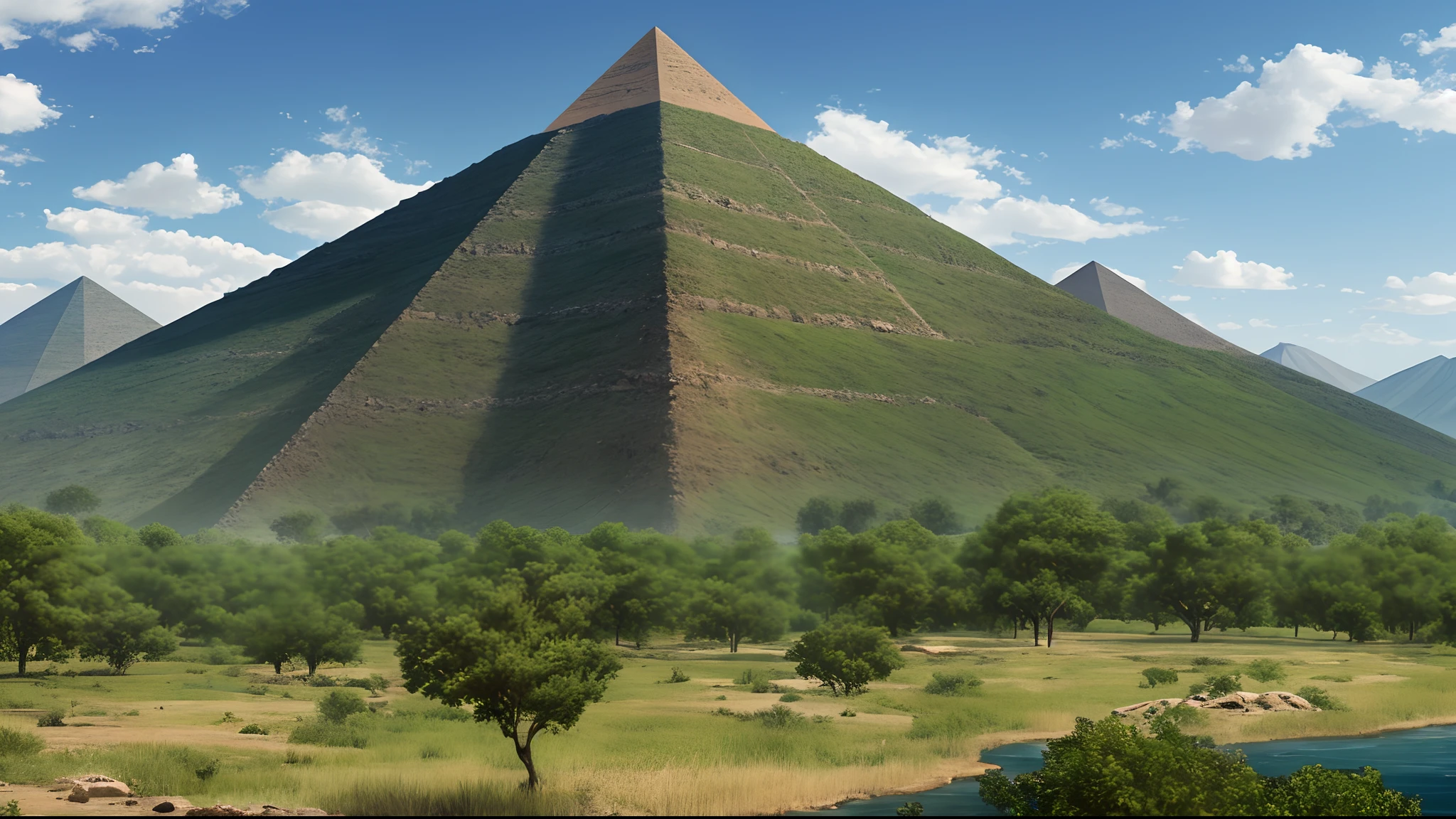 an image of a plateau, with a Pyramid in the center, and forested mountains and creeks around --auto --s2