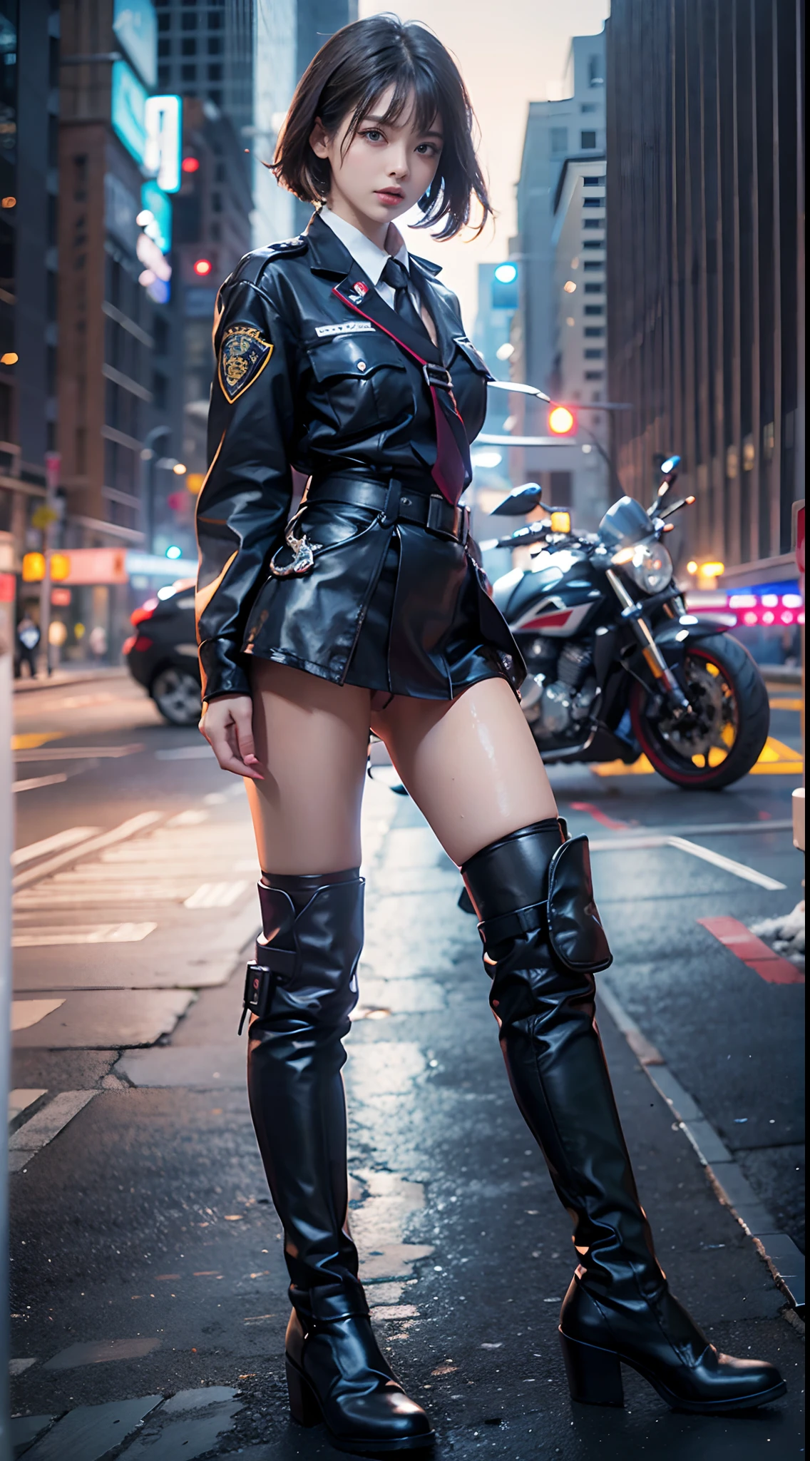 police officers, Black miniskirt, White blouses, Police Motorcycle, Modern cityscape, (NSFW), 1womanl, 独奏, 24 year old, 7headed body, (Ideal ratio body proportions), (Composition from head to thigh), erectile nipple, Sexy body, Wet, short-hair, A dark-haired, small tits, A slender, Small buttocks, beauty legs, Skinny Legs, surrealism, Cinematic lighting, depth of fields, One-person viewpoint, F/1.8, 135 mm, nffsw, masutepiece, ccurate, ((Anatomically correct)), Textured skin, Super Detail, high details, High quality, awardwinning, Best Quality, hight resolution, 8K