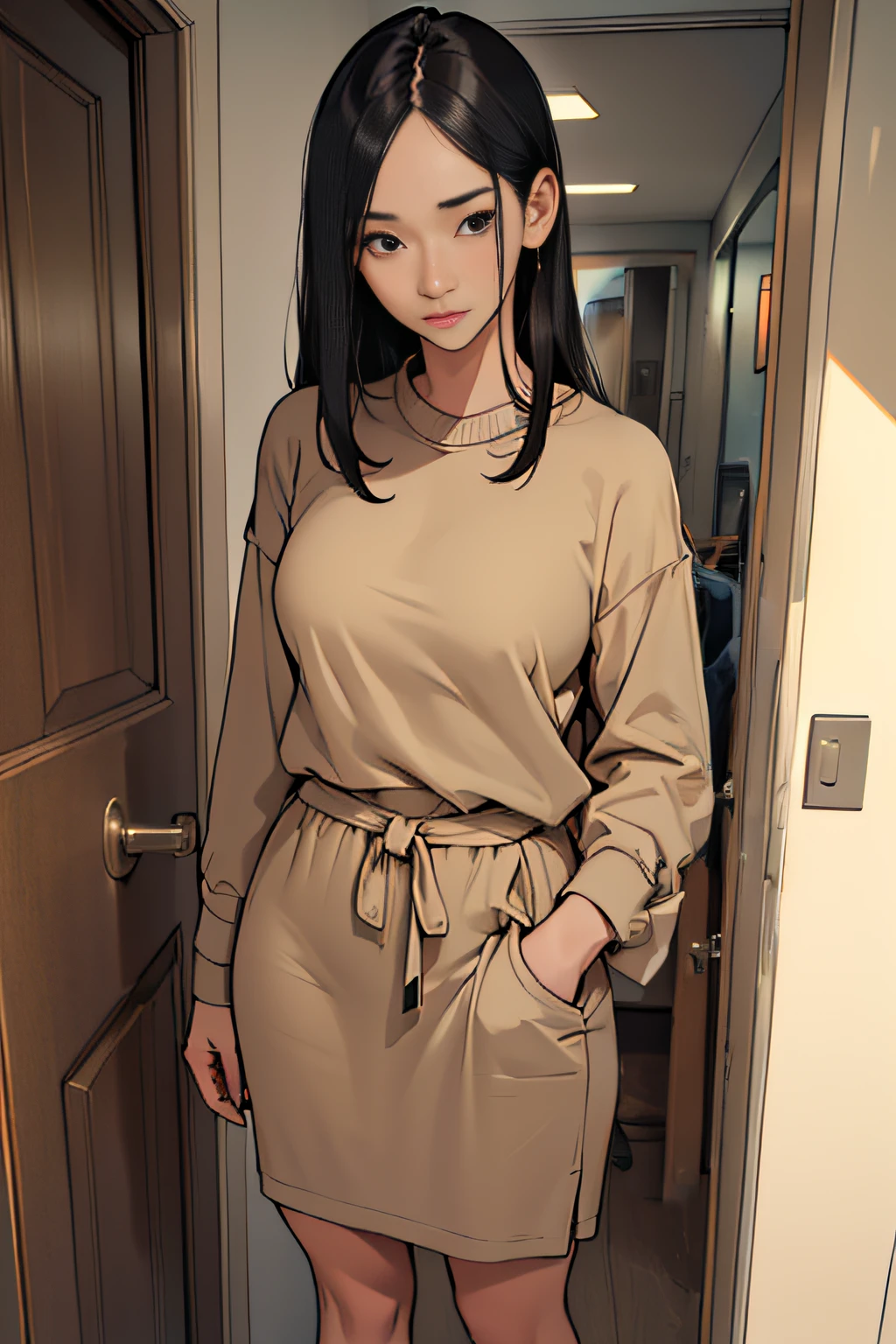 ((32 year old adult calm woman)),Black underwear、((Adult women casual beige clothes))、((Dressed and standing))、Long head of black hair,At the front door、((Erotic provocative))