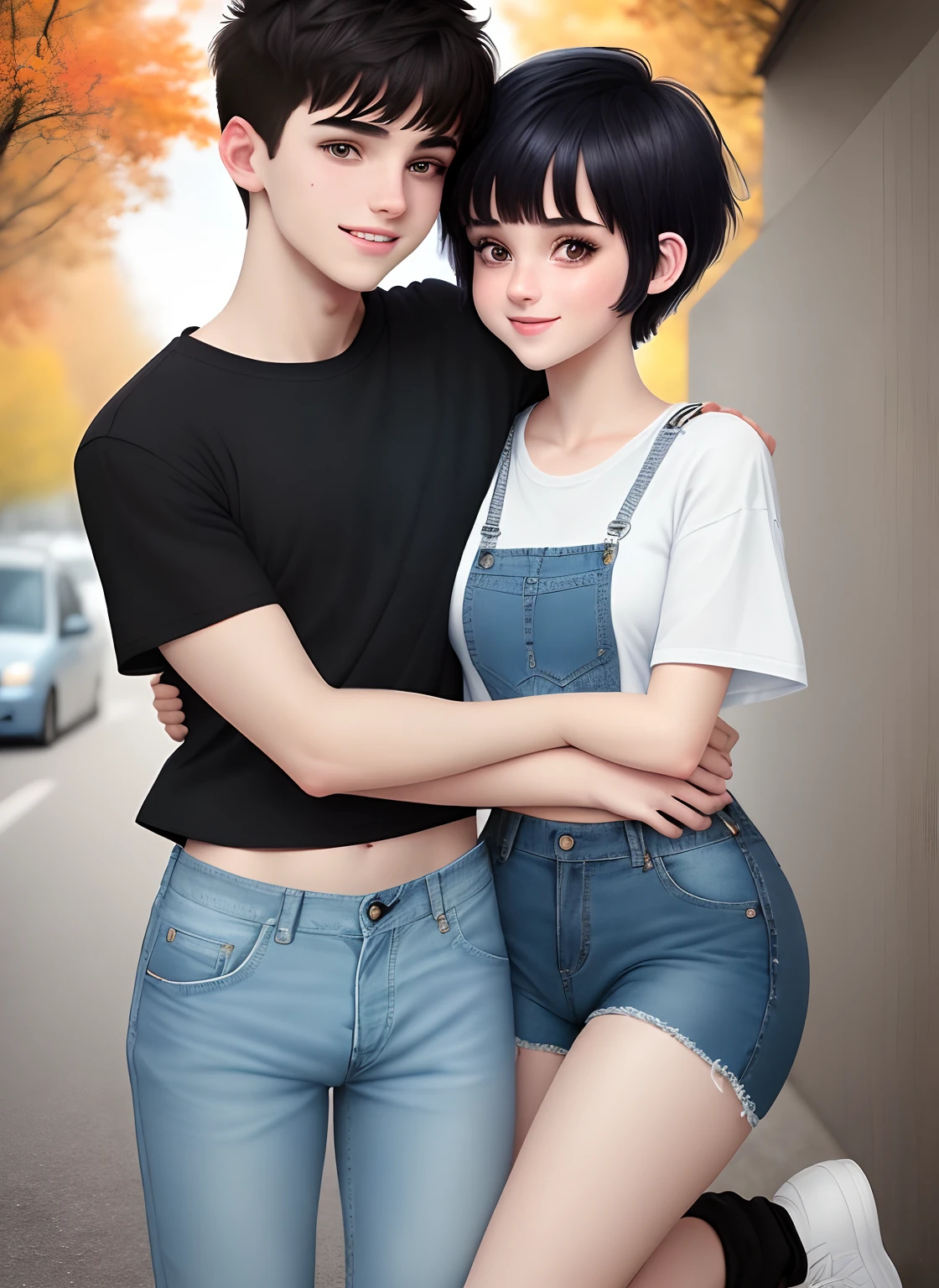 Cute couple hugging each other,girl with short hair with bangs,girl wear white T-shirt and denim jumping suite ,autumn environment.cartoon - style.boy wear black T-shirt,denim pants.cute boy.shy girl,smile girl.boy with short hair