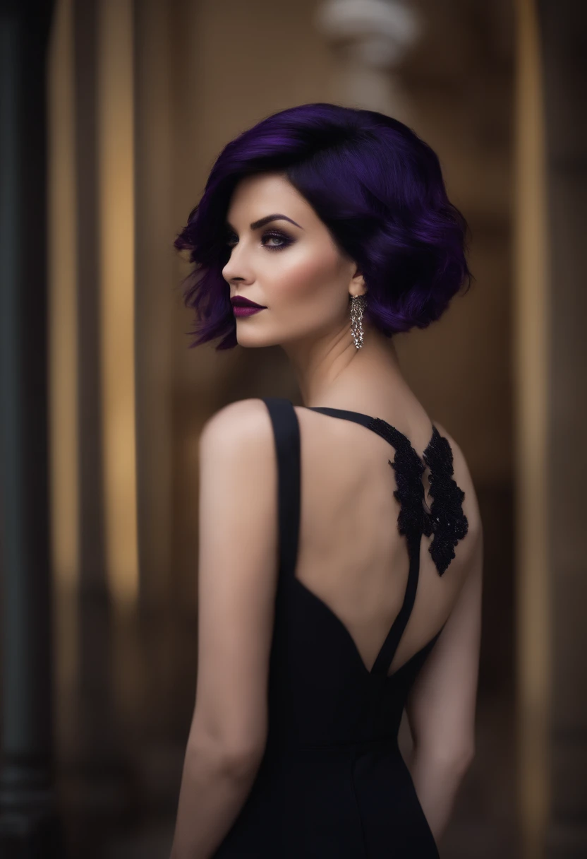 standing, Shorthair, Dark purple hair,