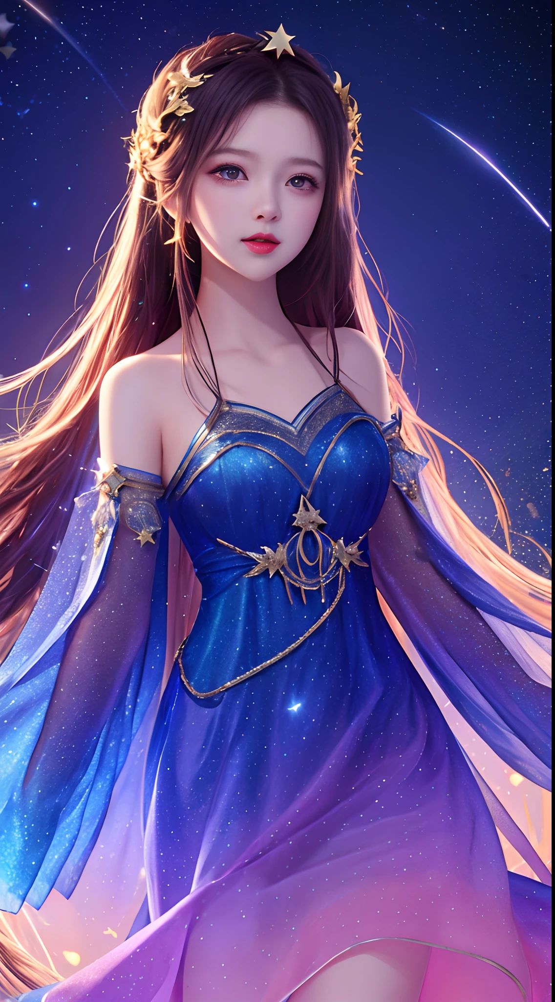 masterpiece, best quality, high quality, absurdres, 1girl, star \(sky\), 1girl, starry sky, dress, solo, long hair, light particles, gradient, gradient background, bare shoulders, night sky