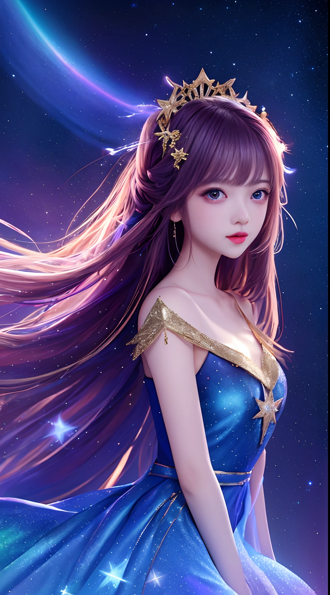 masterpiece, best quality, high quality, absurdres, 1girl, star \(sky\), 1girl, starry sky, dress, solo, long hair, light particles, gradient, gradient background, bare shoulders, night sky