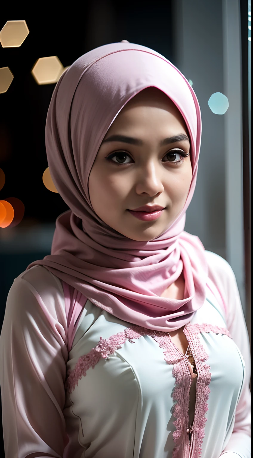 1 Malay girl, modern plain hijab, shy, medium portrait, watery eyes, pink glowing particles, wearing a malay dress covering the entire chest, pink light bokeh background, well-proportioned body, curvy body
