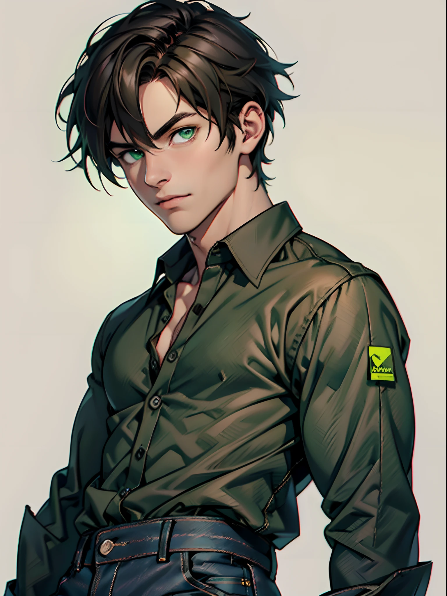 Anime boy with dark bronze, short hairs ((brown hairs))and light green eyes ((light green eyes)). Wearing black jeans and unbuttoned brown shirt on it ((black Jeans)) ((Unbuttoned brown shirt)). He poses to the photo ((portrait)). Black background, portrait style ((Plain black background)). Masterpiece, ultrasharp, super high quality, perfect anatomy, perfect body, perfect face, realistic, 8k, famous look.