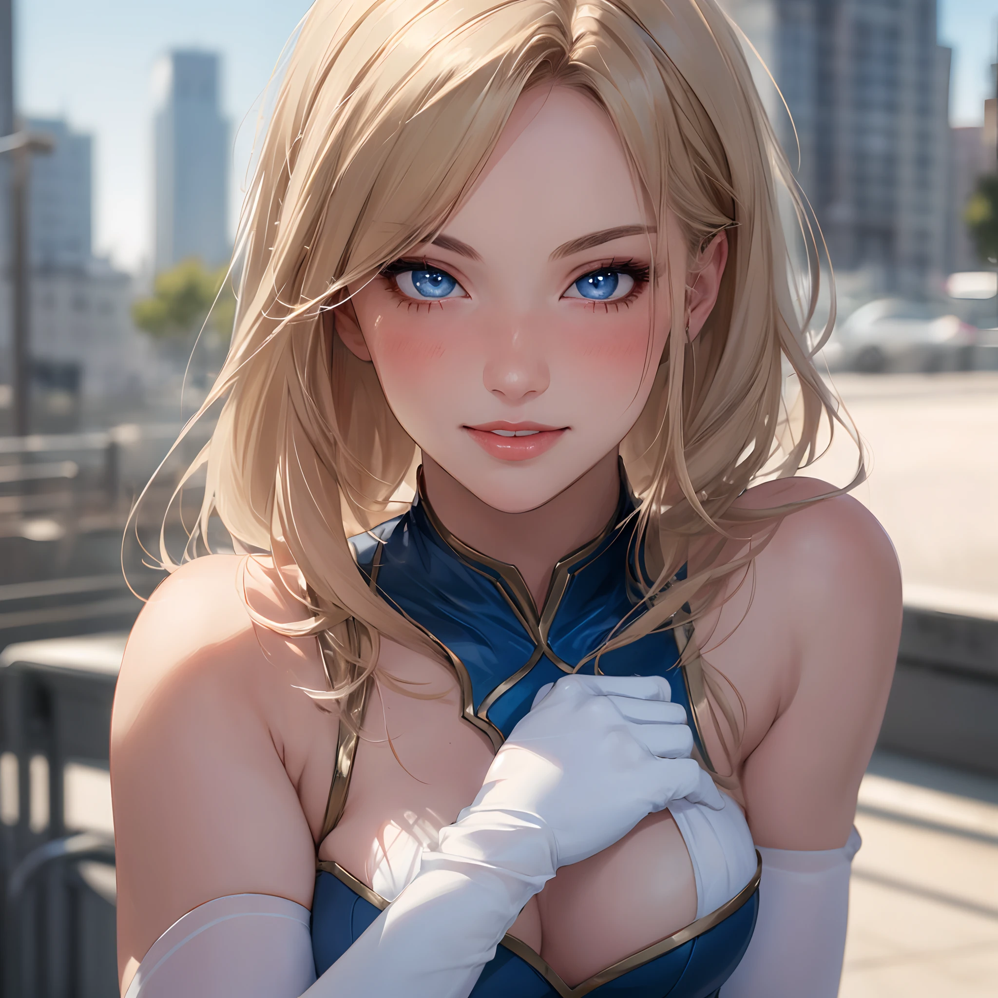 (masterpiece, best quality:1.4), (full body), 1girl, solo, (european youth:1), city background, susan storm, blue eyes, blonde hair, clothing cutout, blue leotard, white thighhighs, white gloves, looking at viewer, beautifull smile, beautiful face, highly detailed face, highly detailed eyes, highly detailed skin, skin pores, subsurface scattering, realistic pupils, full face blush, full lips, detailed background, depth of field, volumetric lighting, sharp focus, absurdres, realistic proportions, good anatomy, (realistic, hyperrealistic:1.4), 16k hdr