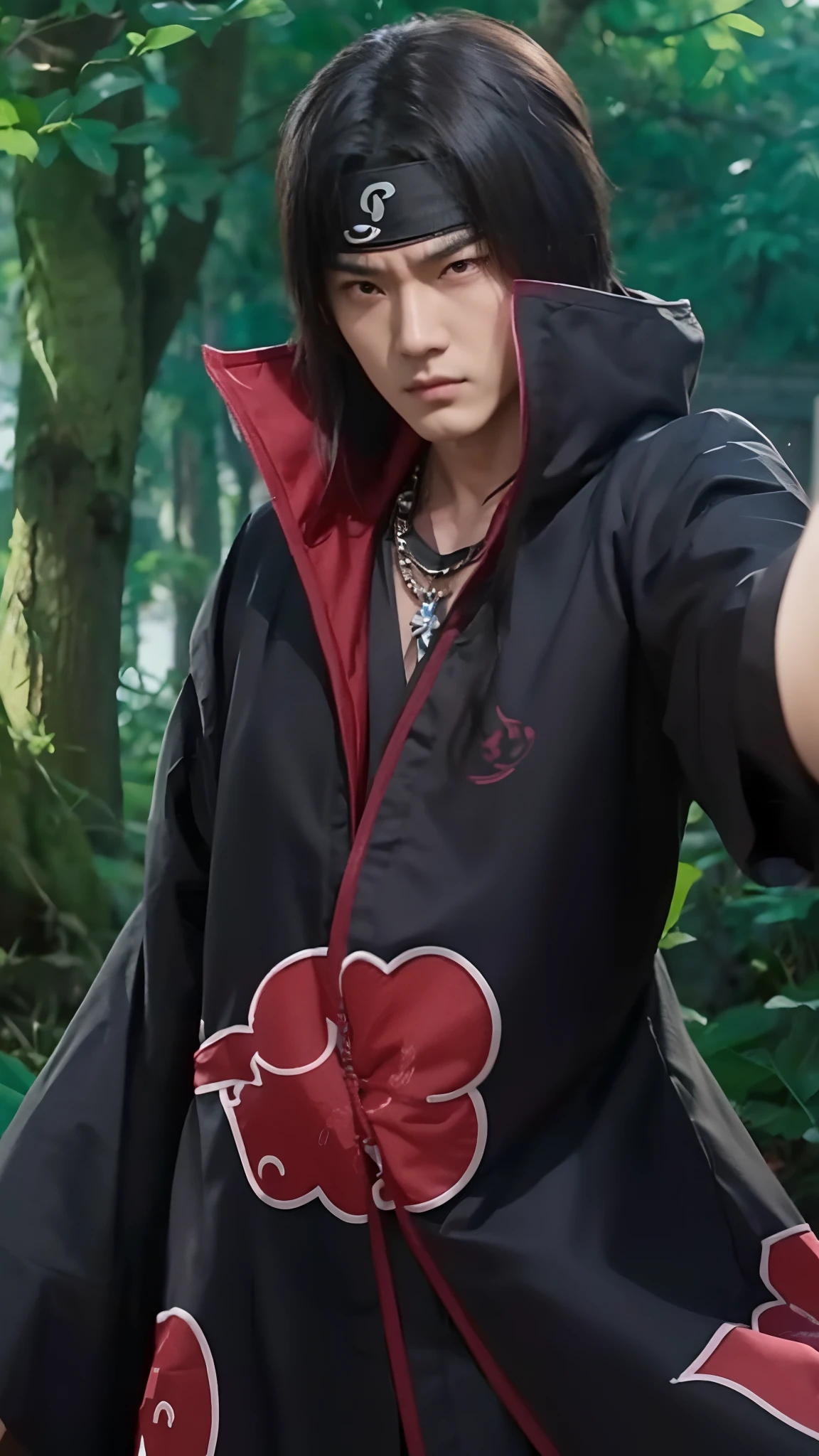 Real life adaption of this character, korean handsome man face, angry expression,((realistic exactly the same hair)), ((realistic same outfit with Akatsuki logo)) , wear realistic headband with iron plate in the middle,hyper realistic, realistic light, realistic shadow, realism,(photorealistic:1.2), looking to viewer ,Make the inside of the clothes exactly the same, realistic same necklace