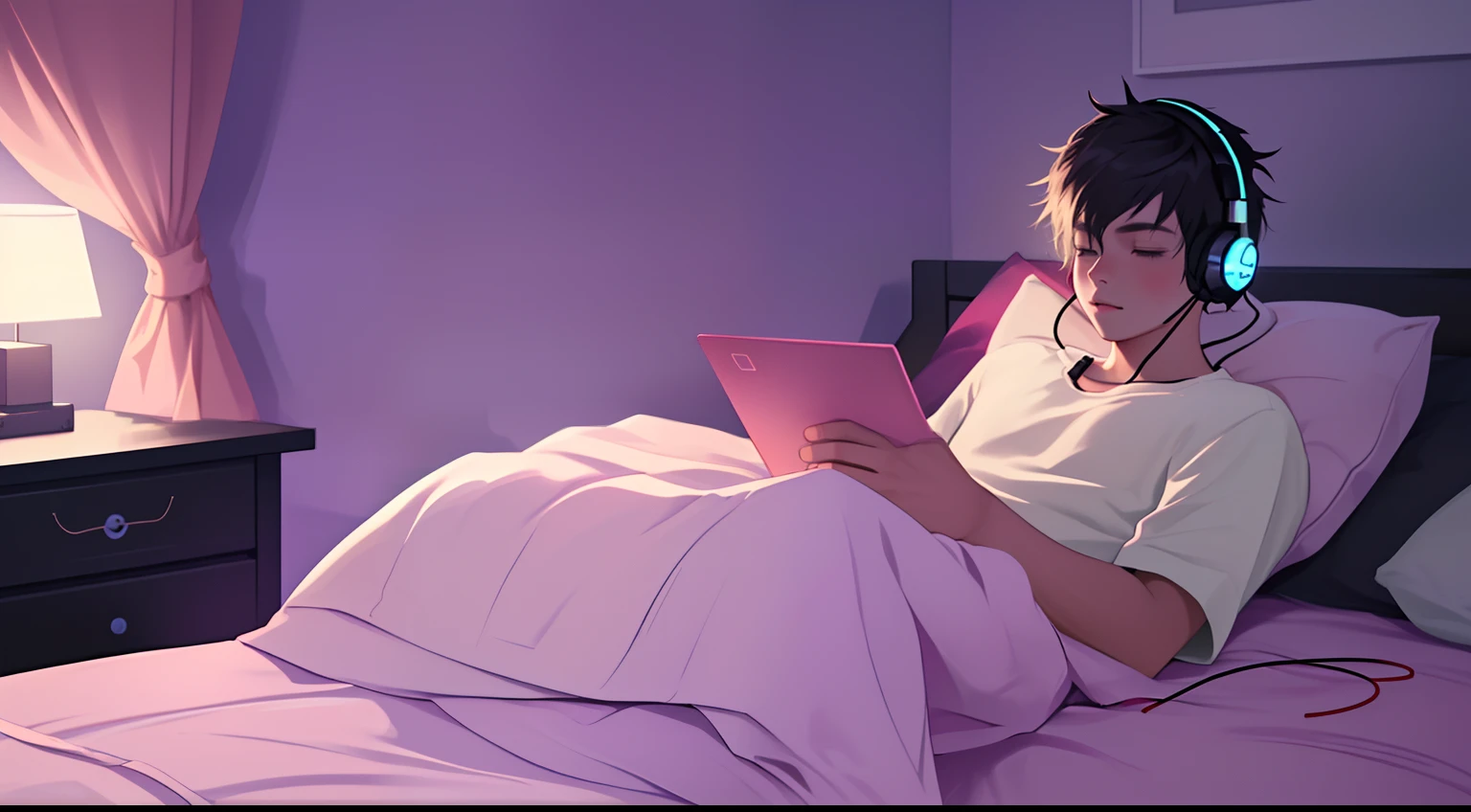 onbed,A young boy with,Listen to music with headphones on,Relaxing and comfortable atmosphere in a night bedroom setting,Beautiful inside the room