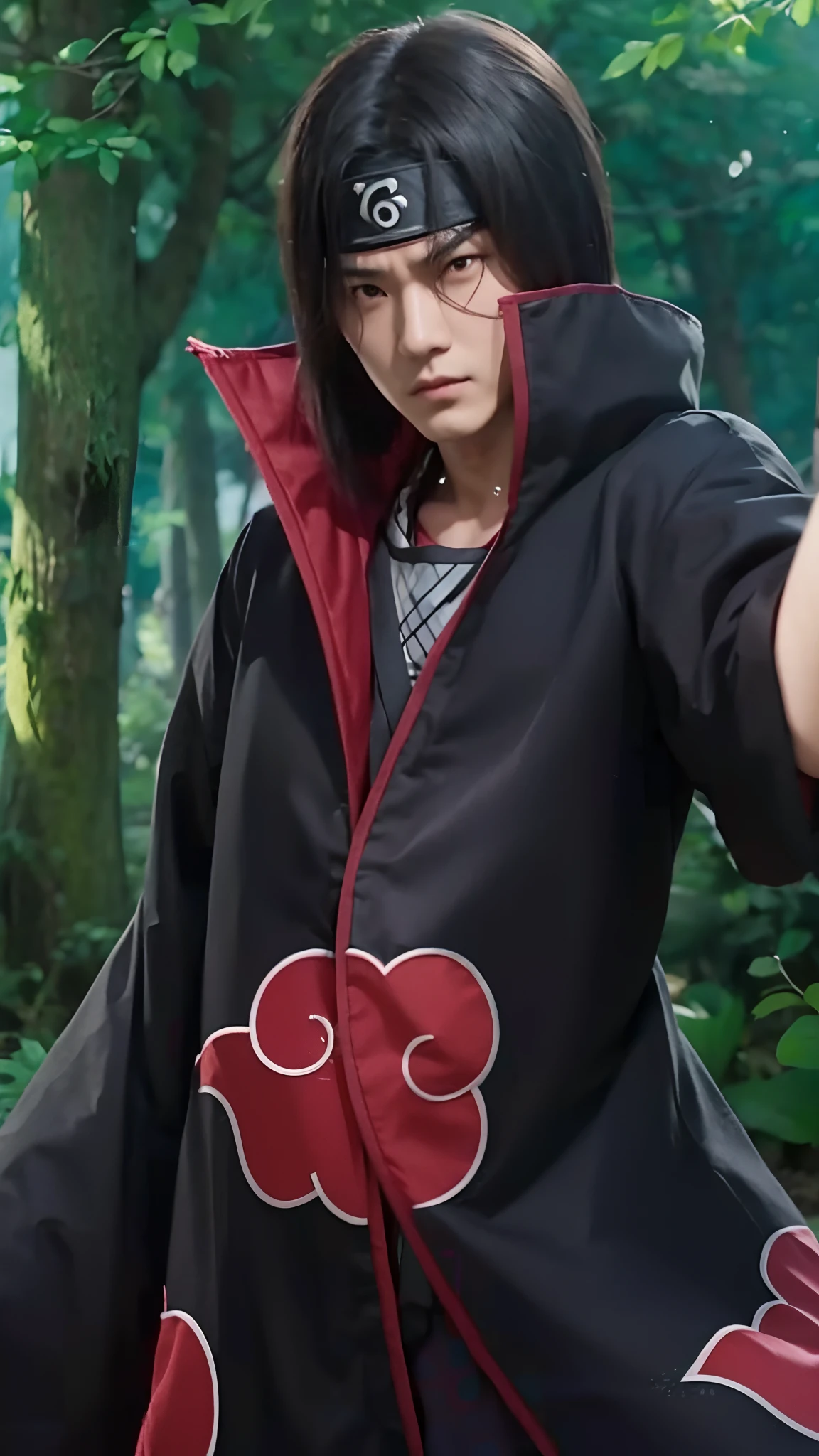 Real life adaption of this character, korean handsome man face, angry expression,((realistic very same hair)), ((realistic same outfit with Akatsuki logo)) , wear realistic headband with iron plate in the middle,hyper realistic, realistic light, realistic shadow, realism,(photorealistic:1.2), looking to viewer ,