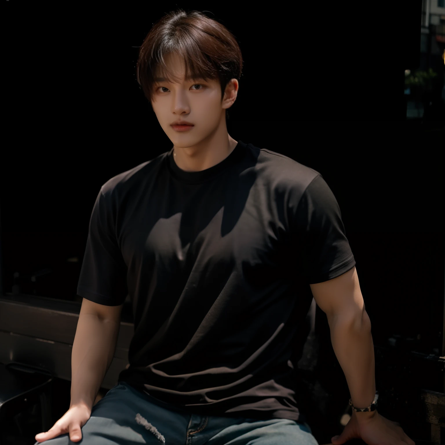 there is a man sitting on a bench in front of a building, South Korean male, he is wearing a black t-shirt, wearing a black t-shirt, siwoo kim, Wearing a black T-shirt, wearing a black t-shirt, korean muscle boy 2 1 , Shin Jinying, Handsome male, Kim Tae-joon, handsome and attractive, strong jawline