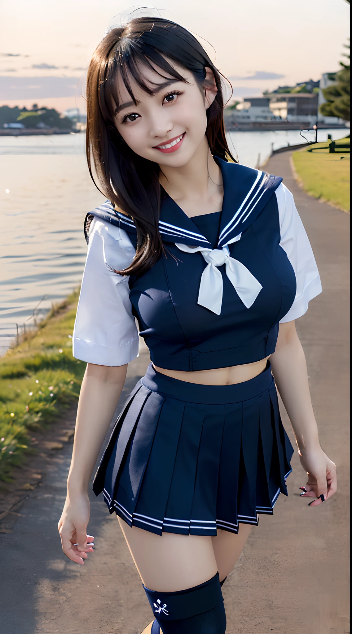 (in 8K, 超A high resolution, Best Quality, masutepiece:1.1),(18year old:1.1)、(Look away)、in 8K、RAW portrait of japanese girl、Photorealsitic、超A high resolution、top-quality、(a sailor suit、Navy Pleated Mini Skirt:1.2) (hi-school girl、toned body、Be sure to hide all breasts、Black hair straight hair、 Super cute、Cute smile、Navy Mini Skirt Sailor Suit、Black socks:1.5)Walk along the path by the sea