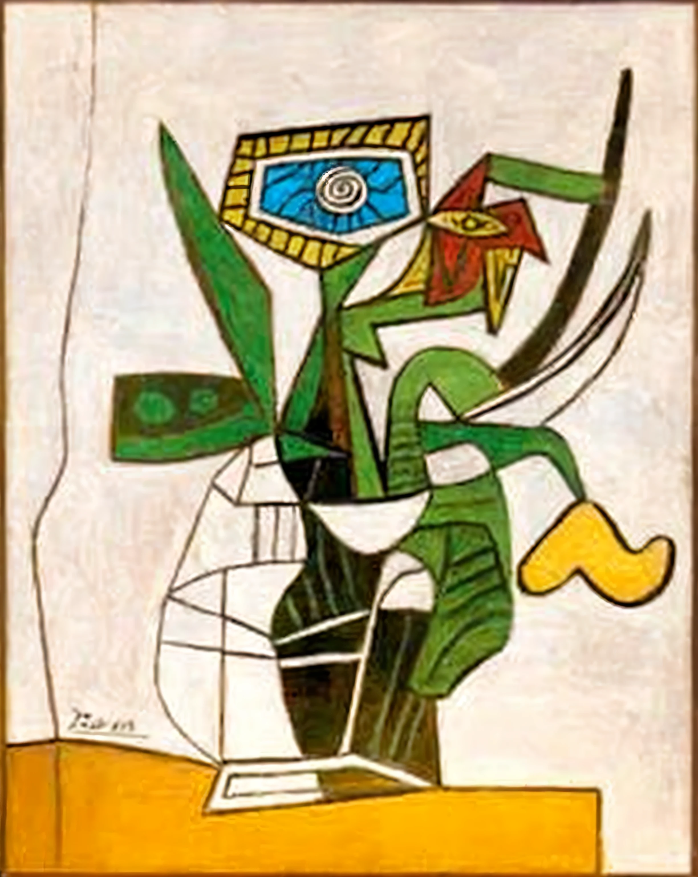 painting of a vase with a plant and a bird on it, cubist picasso, style of picasso, by Picasso, by Pablo Picasso, pablo picasso painting, picasso style, by Wifredo Lam, by Wilfredo Lam, picasso masterpiece, inspired by Pablo Picasso, similar aesthetics to picasso, a cubist painting, inspired by Picasso