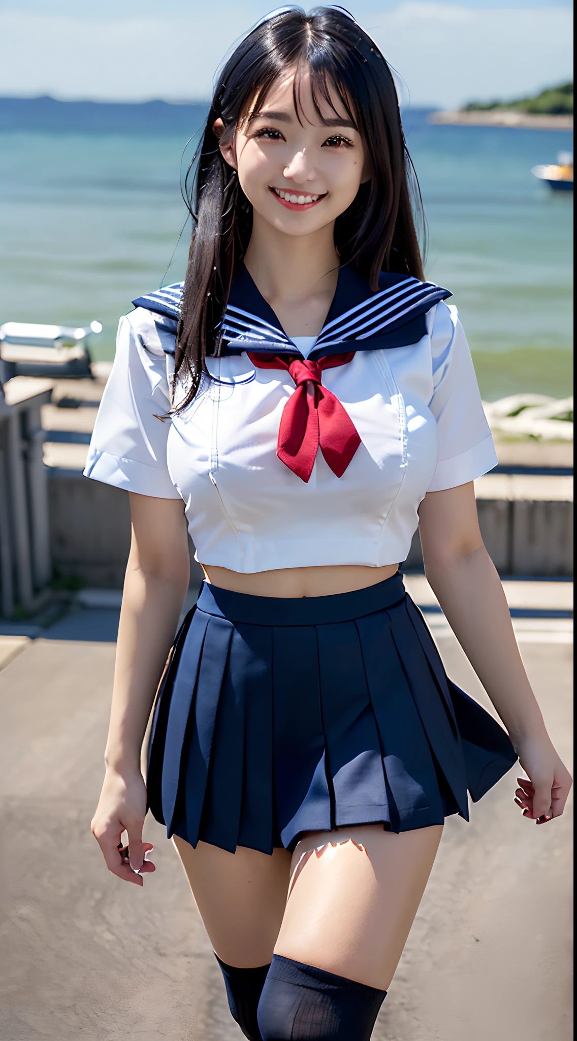 (in 8K, 超A high resolution, Best Quality, masutepiece:1.1),(18year old:1.1)、(Look away)、in 8K、RAW portrait of japanese girl、Photorealsitic、超A high resolution、top-quality、(a sailor suit、Navy Pleated Mini Skirt:1.2) (hi-school girl、toned body、Be sure to hide all breasts、Black hair straight hair、 Super cute、Cute smile、Navy Mini Skirt Sailor Suit、Black socks:1.5)Walk along the path by the sea