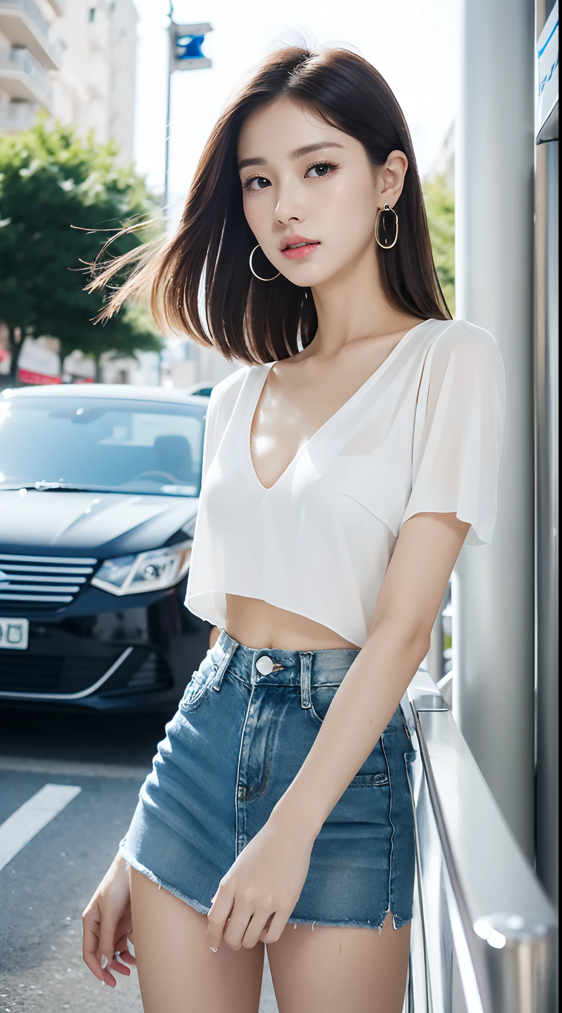 Ultra-clear resolution，top Quority，Pretty girl，ear studs，Clear  eyes，plain face，Gloss on lips，s the perfect face，White skin，Perfect chest，Slender legs，Sheer top，Denim miniskirt，black heels，street