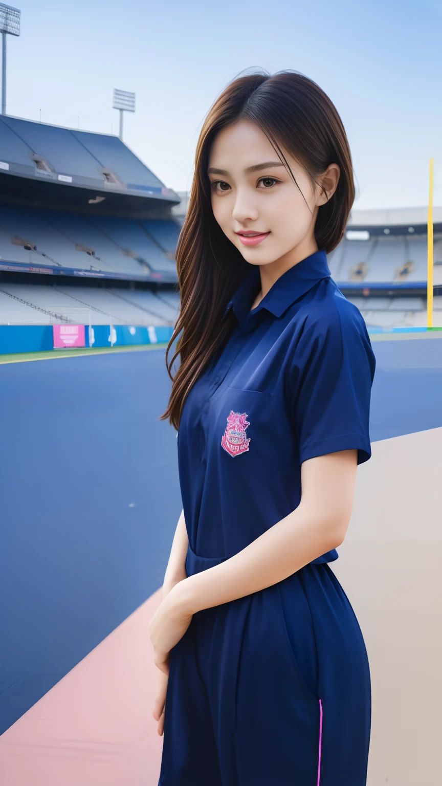 neat college girl, petite person, (school uniform, summer clothes, short sleeves), outside the athletic field, (slim), photorealistic, detail, skin texture, ultra detail, delicate and sexy collarbone, smile, super detailed face, detailed lips, detailed eyes, double eyelids, breast emphasis, navel, constriction