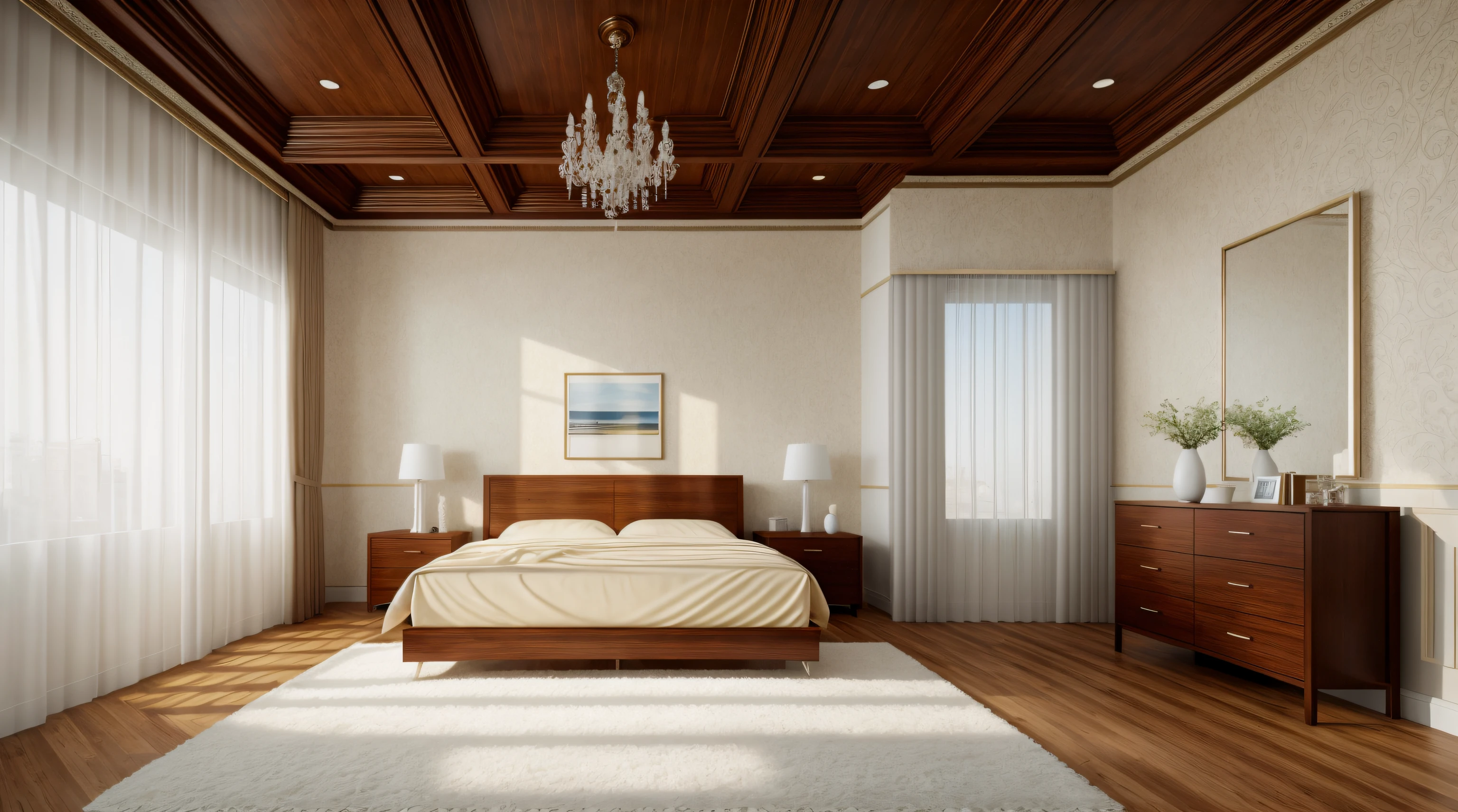 Masterpiece, high quality, best quality, realistic, super realistic, super detailed, furniture, modern bedroom, carpet, wooden floor, windows, curtains, daylight, vray,( ( plaster ceiling ,))