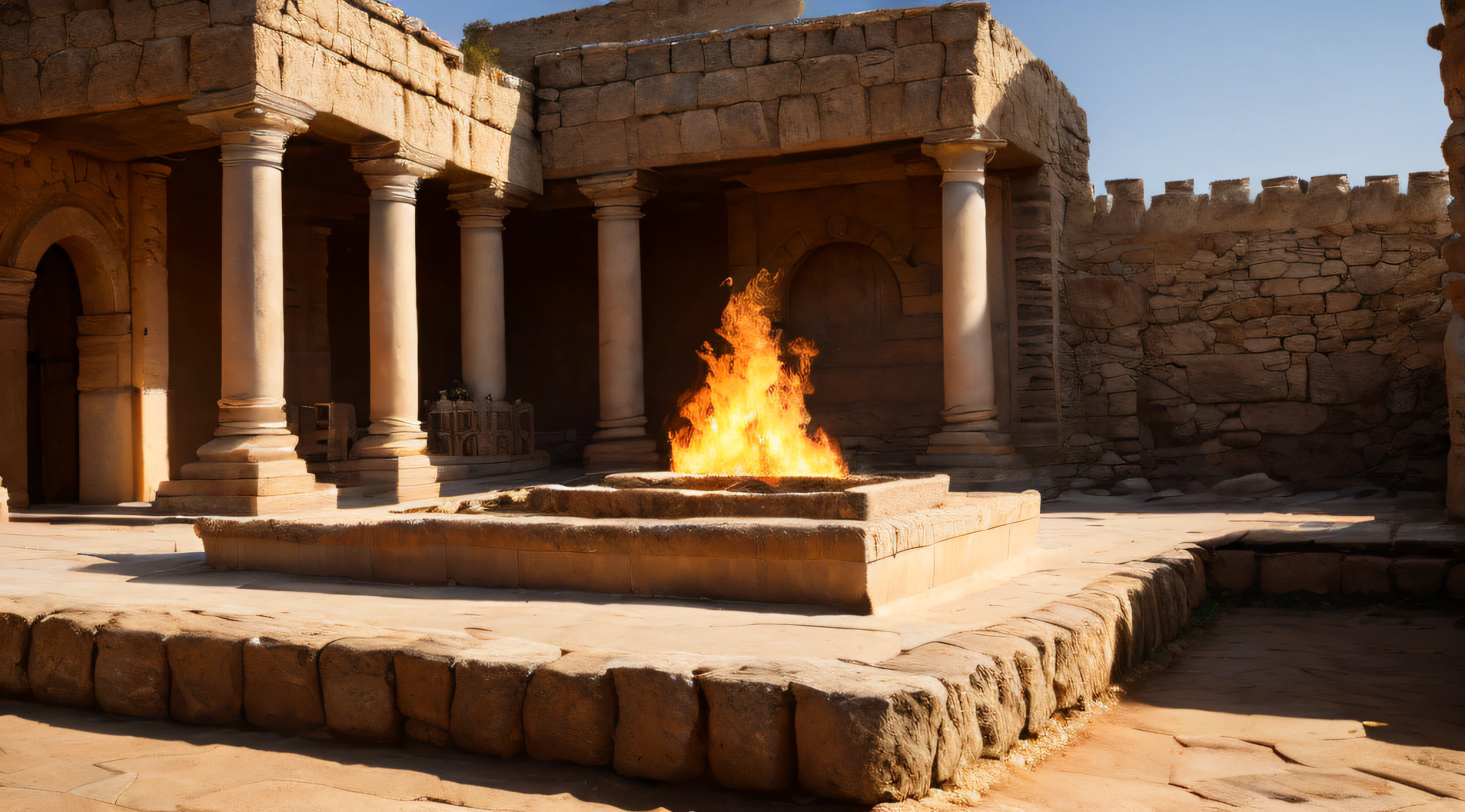 Ancient Israel、1st century、courtyard、altar、Burning offerings、in 8K、Raw photography、top-quality、​masterpiece:1.5、ultra-lightweighthigh-resolution、Photorealsitic:1.5、ciinematic light、soft volumetric lighting:1.5、realisitic、Photorealsitic:1、Detailed skin、profetional lighting、a picture、foco nítido、detaileds、profetional lighting、photon maping、detailed and intricate environment、ighly detailed、top-quality、Artistic photography、photorrealistic concept art、soft natural volumetric cinematic perfect light、Midjourney、Detailed hand、