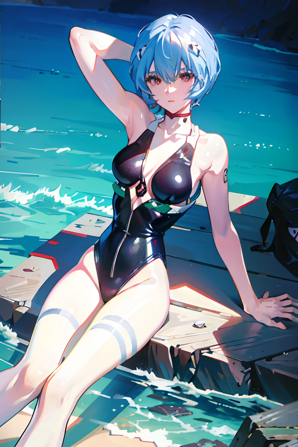 ayanami rei, black swimsuit, summer, daylight, beach