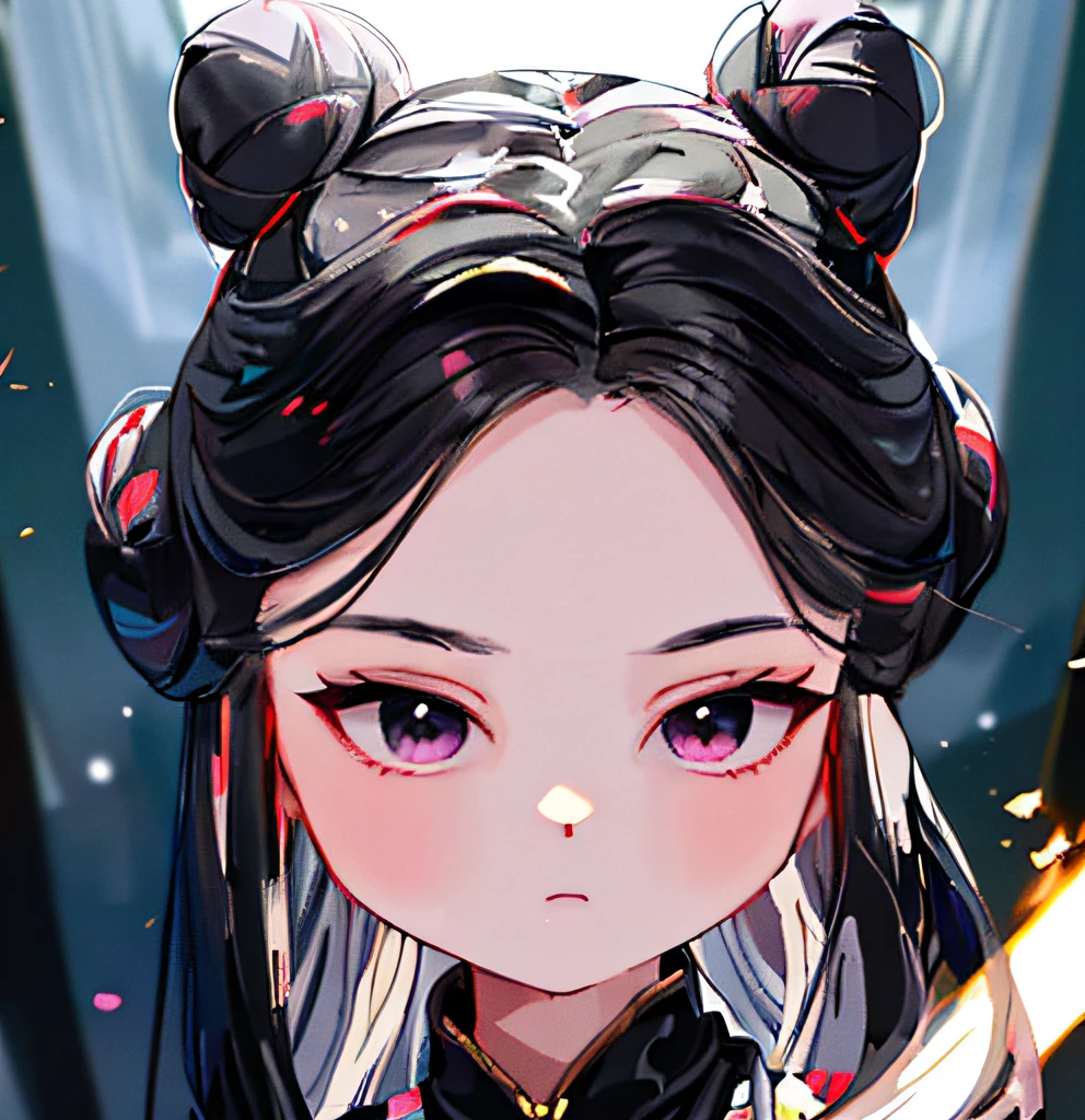 Double buns hair style, light in front, [(black hair)], White Princess dress with weapon belt, Masterpiece, Best Quality