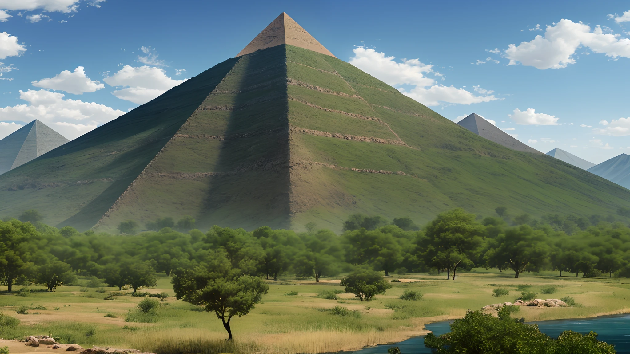 an image of a plateau, with a Pyramid in the center, and forested mountains and creeks around --auto --s2