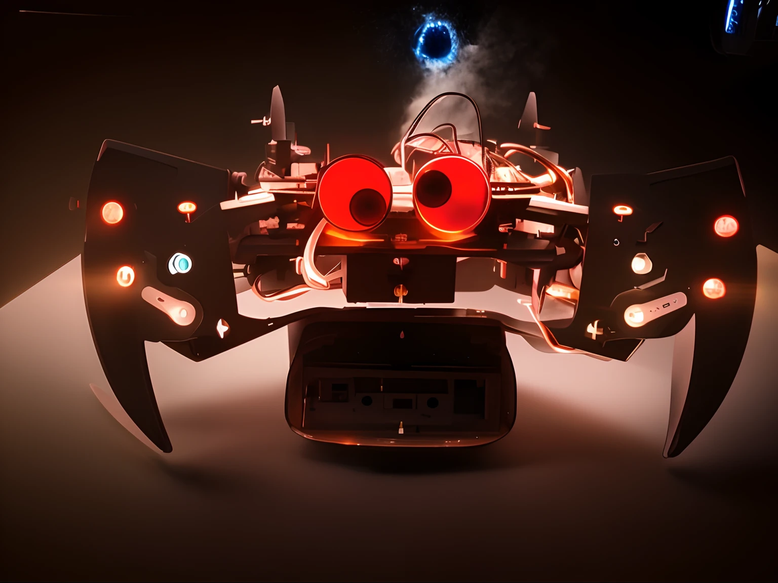 There's a robot with a face made of wires, open robotic eyes, vista frontal, friendly humanoid insect robot, Top view, Parte inferior - vista, robotic octopus, mechanical robotic octopus, complete body view, Symmetrical front view, Vista frontal, Topo - Vista, fully frontal view, Front view, vista frontal completa, The vision is centered on the robot