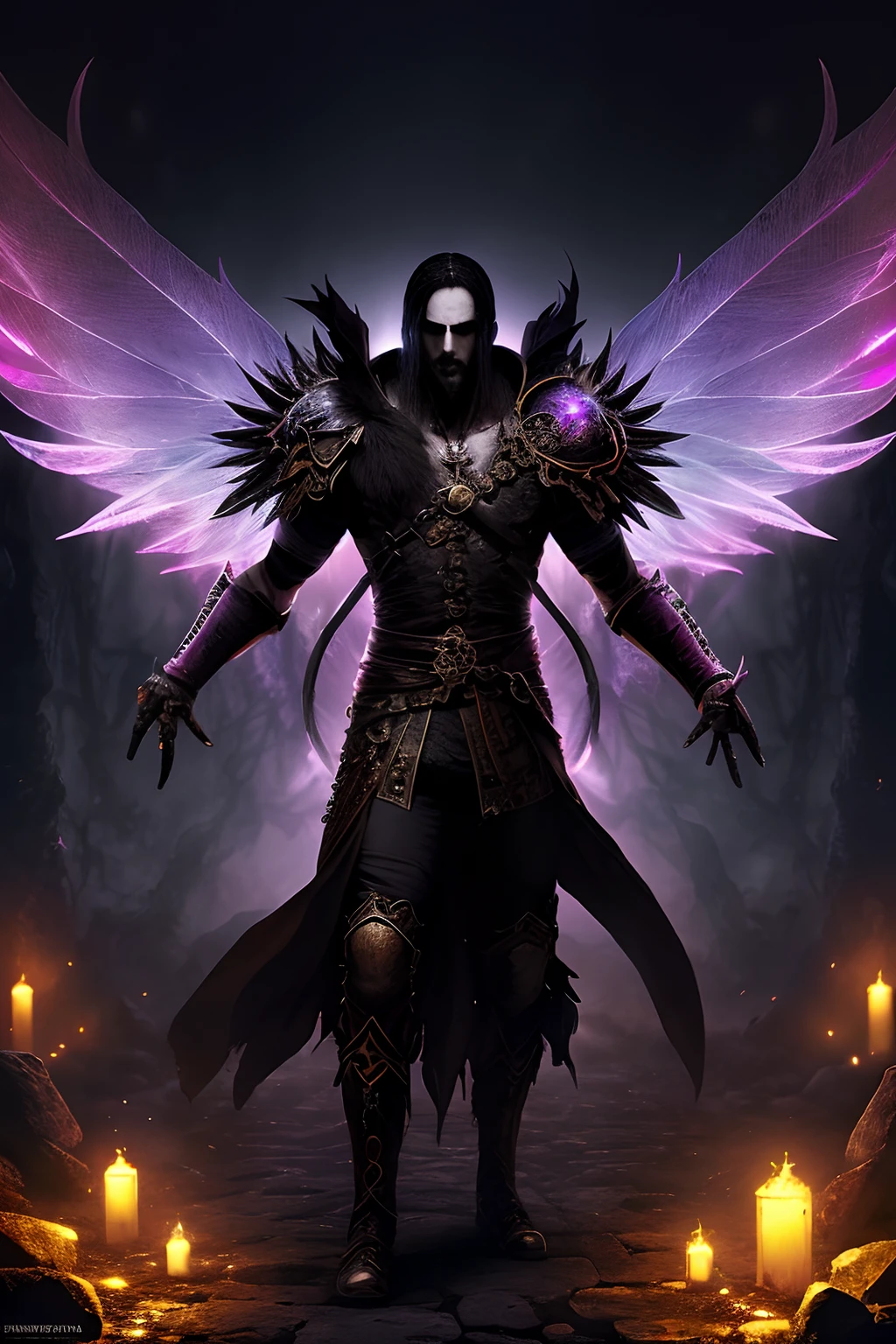 A man with wings standing in front of candles - SeaArt AI