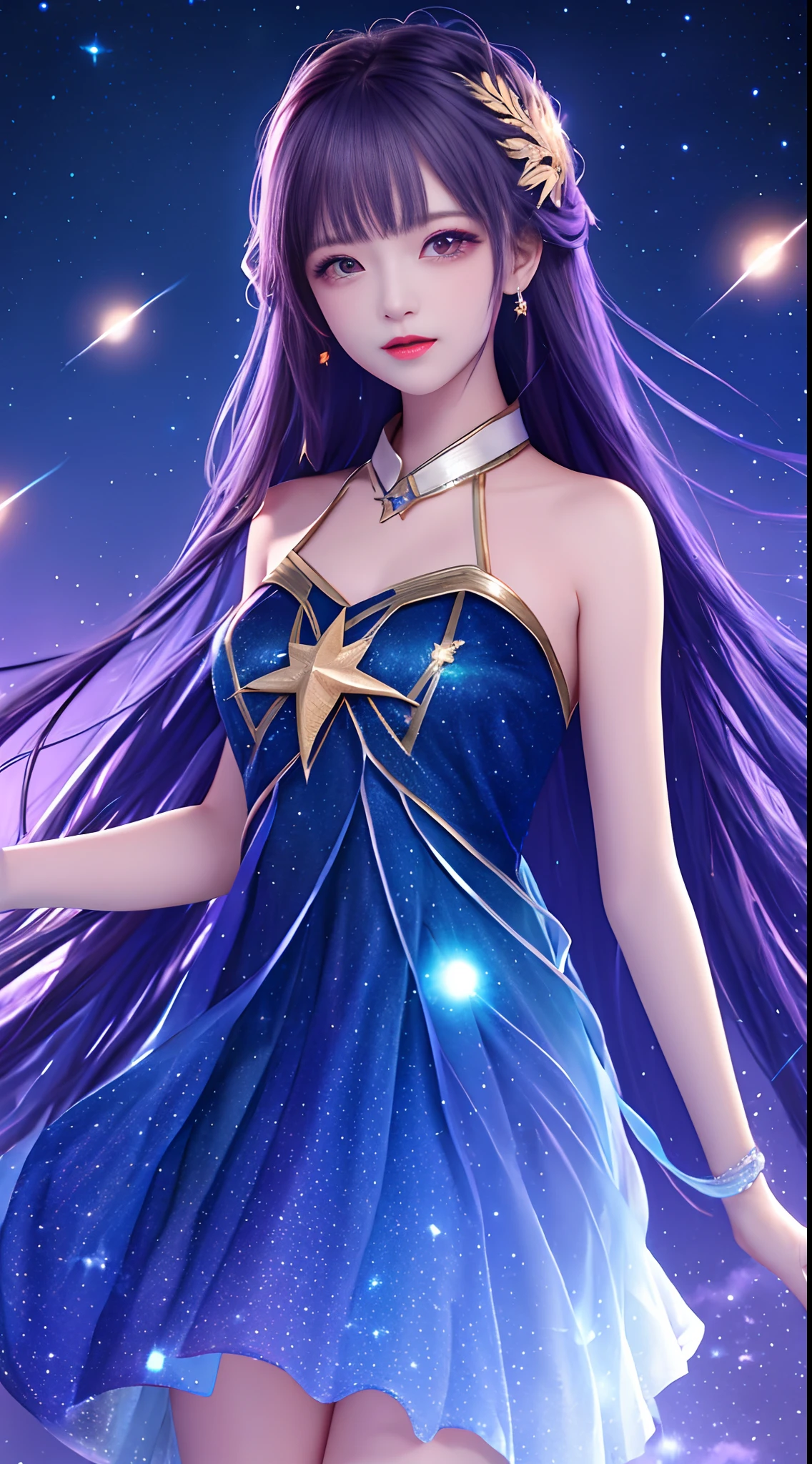 masterpiece, best quality, high quality, absurdres, 1girl, star \(sky\), 1girl, starry sky, dress, solo, long hair, light particles, gradient, gradient background, bare shoulders, night sky